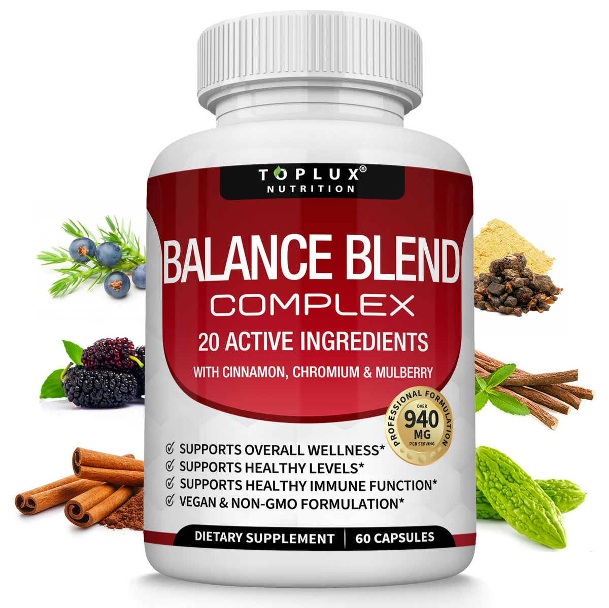 Toplux Balance Natural: botella con cápsulas para estabilidad diaria.