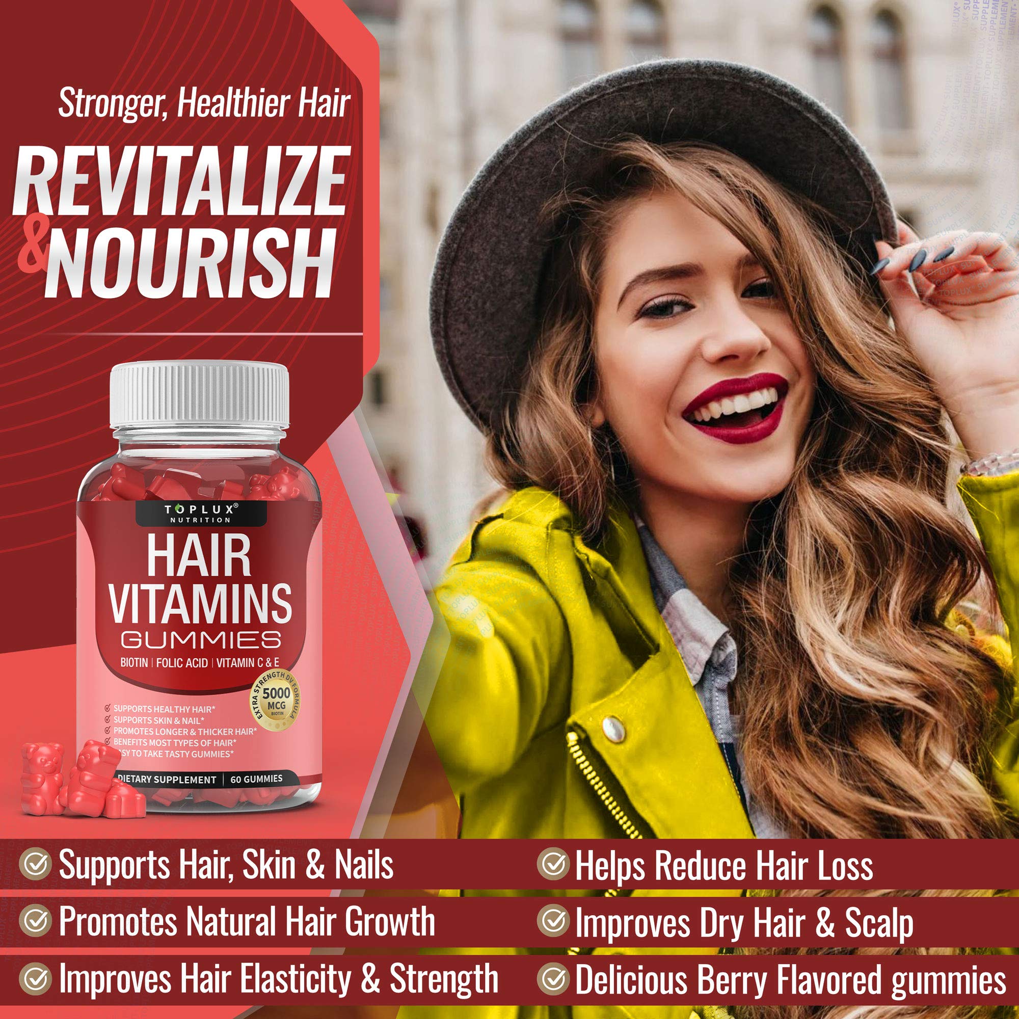 Toplux biotina-5000mcg gomitas: nutrientes para cabello más grueso y sano