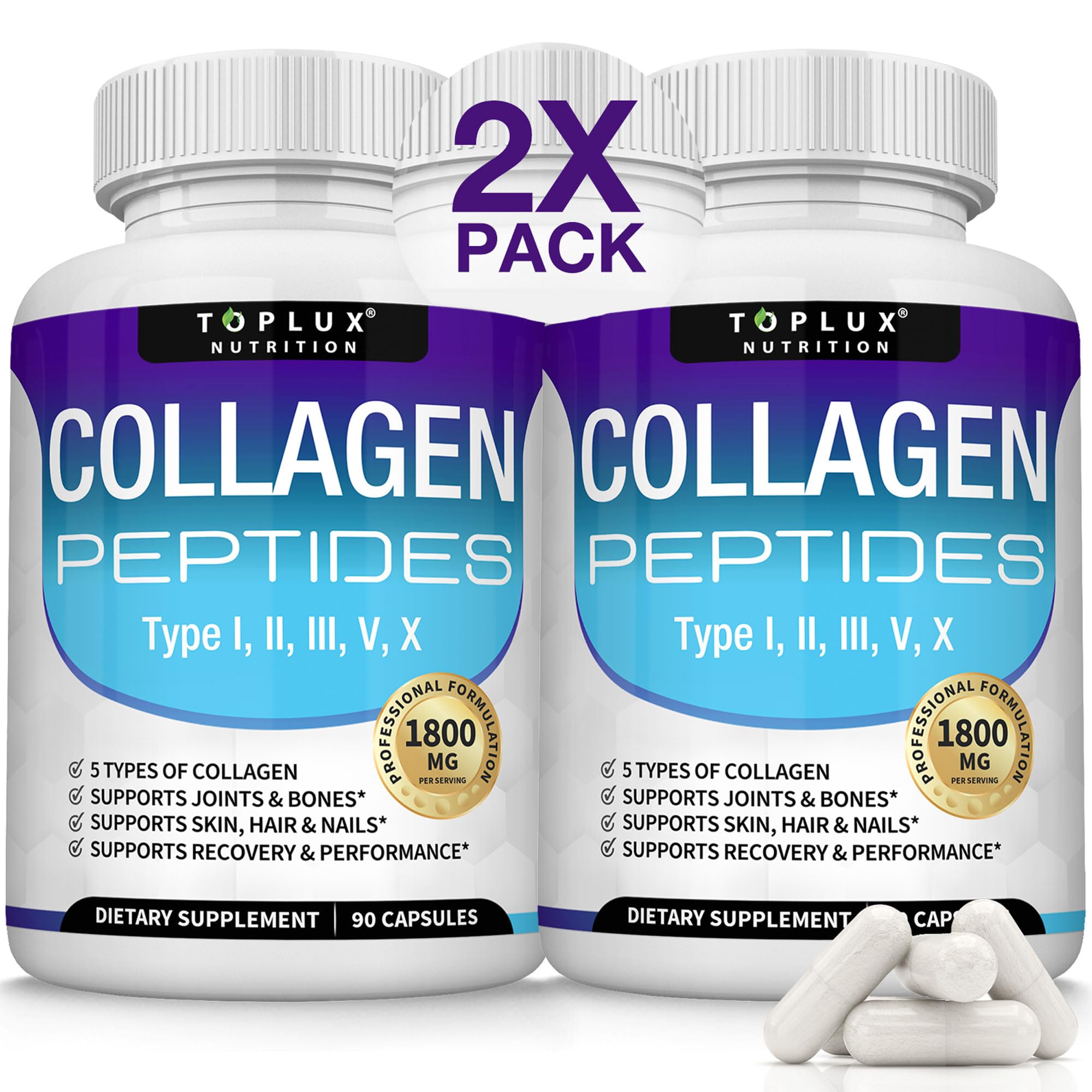 Toplux colágeno: cápsulas en frasco para apoyo a piel y articulaciones.