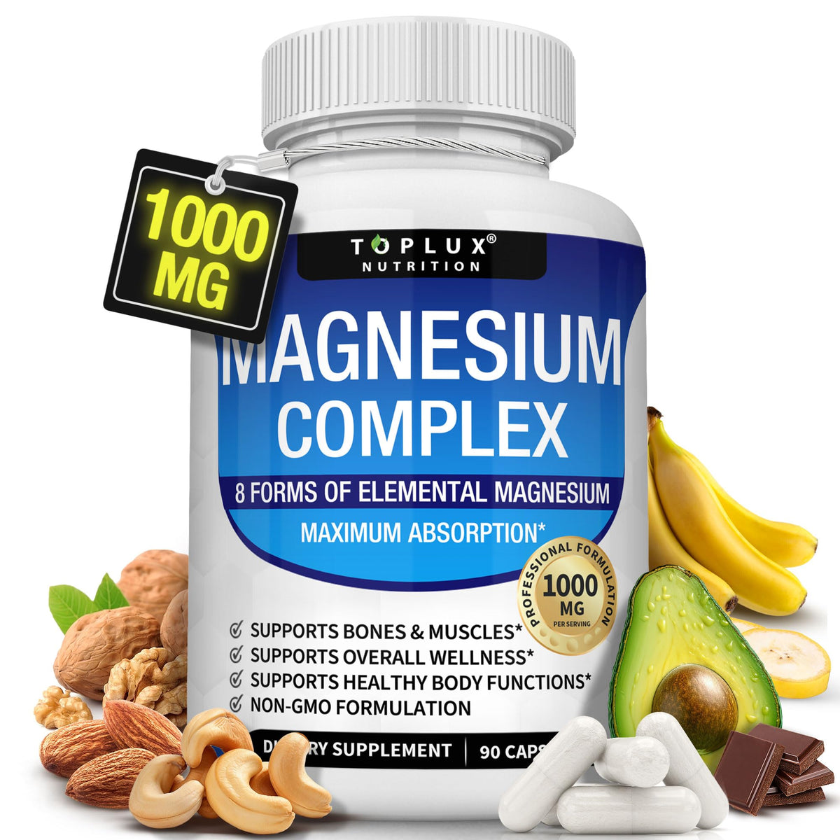 Toplux Magnesium Complex envase de 90 cápsulas para uso diario y soporte óseo.