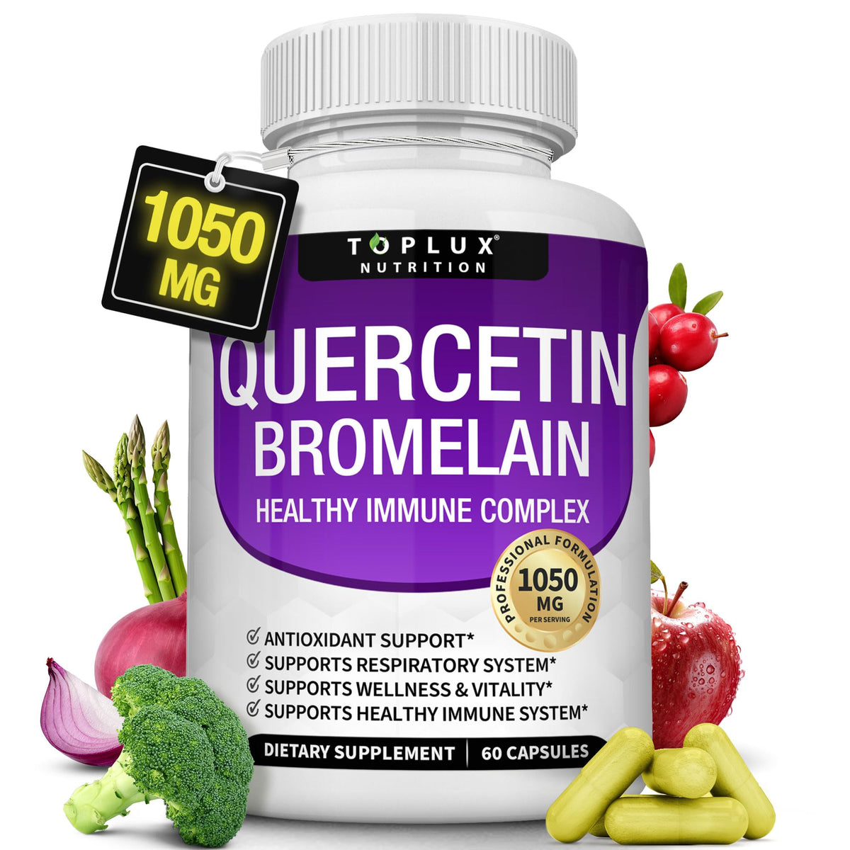Toplux Quercetina con Bromelina y Zinc en botella de cápsulas para apoyo diario del sistema inmune