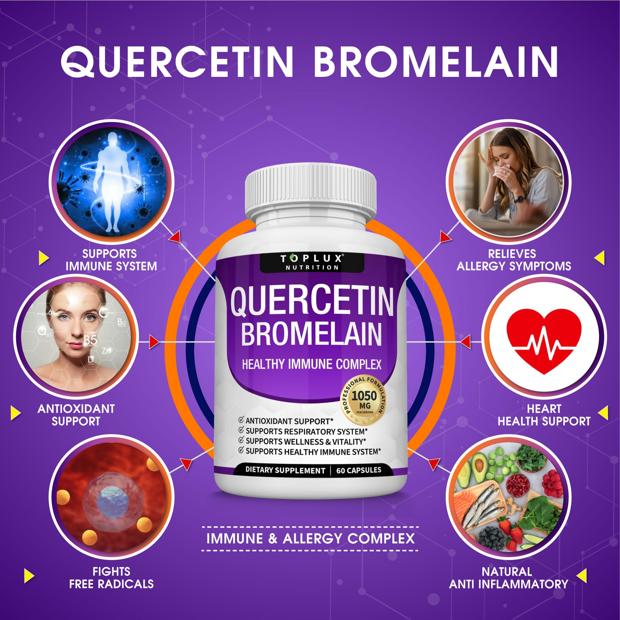 Etiqueta de Toplux Quercetina con Bromelina y Zinc destacando ingredientes clave