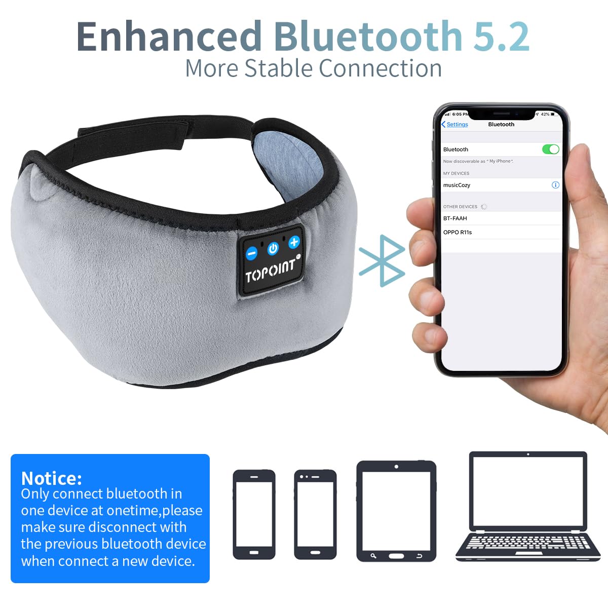 TOPOINT mascarilla dormir con altavoces lateral para ajuste cómodo