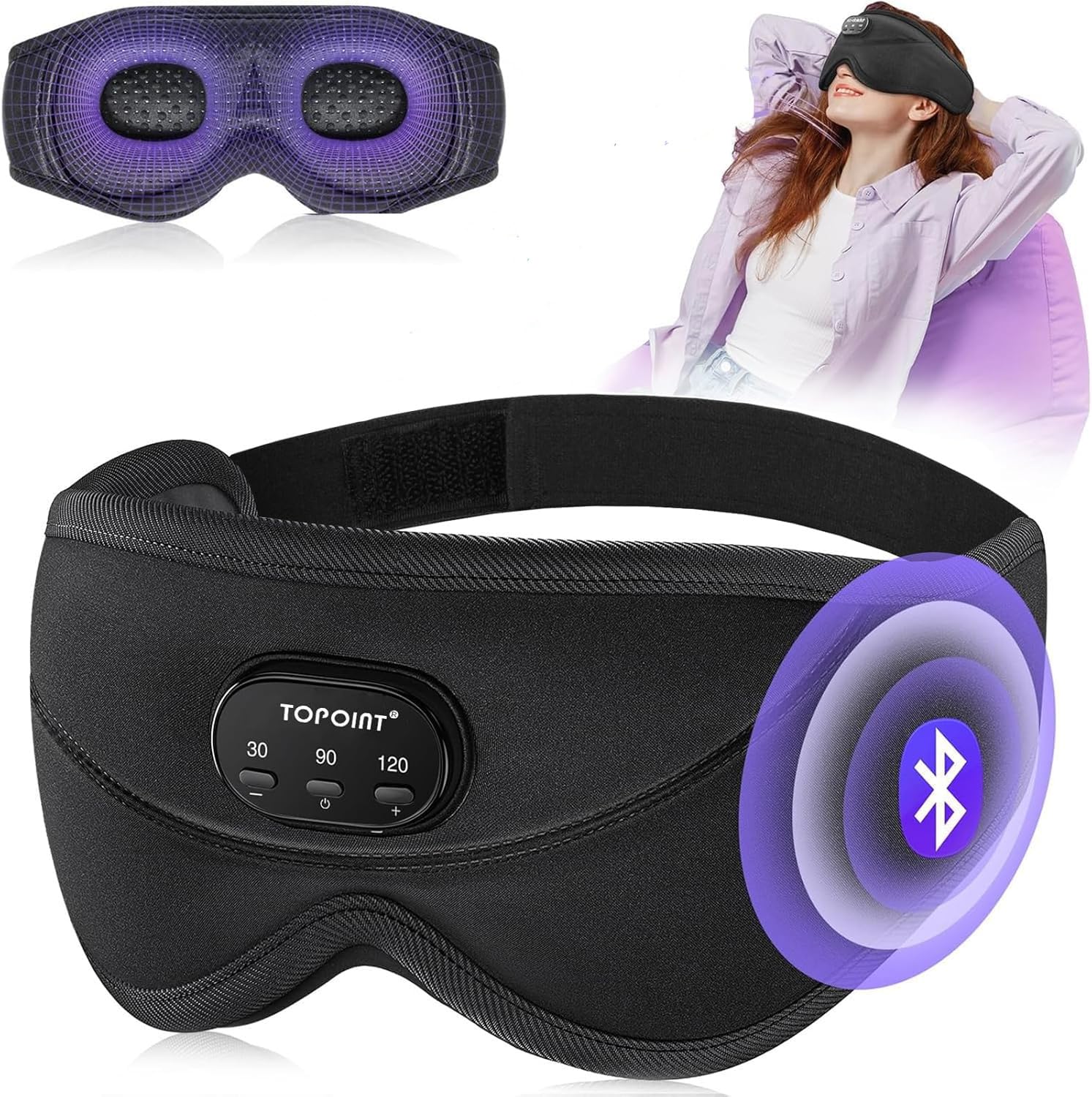 TOPOINT máscara de sueño con auriculares integrados para descanso cómodo.