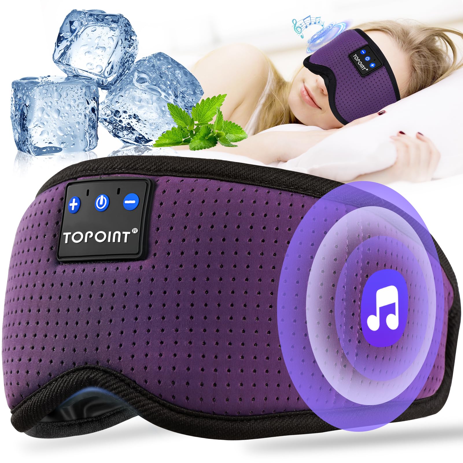 TOPOINT máscara sueño Bluetooth, comodidad suave para dormir sin cables.