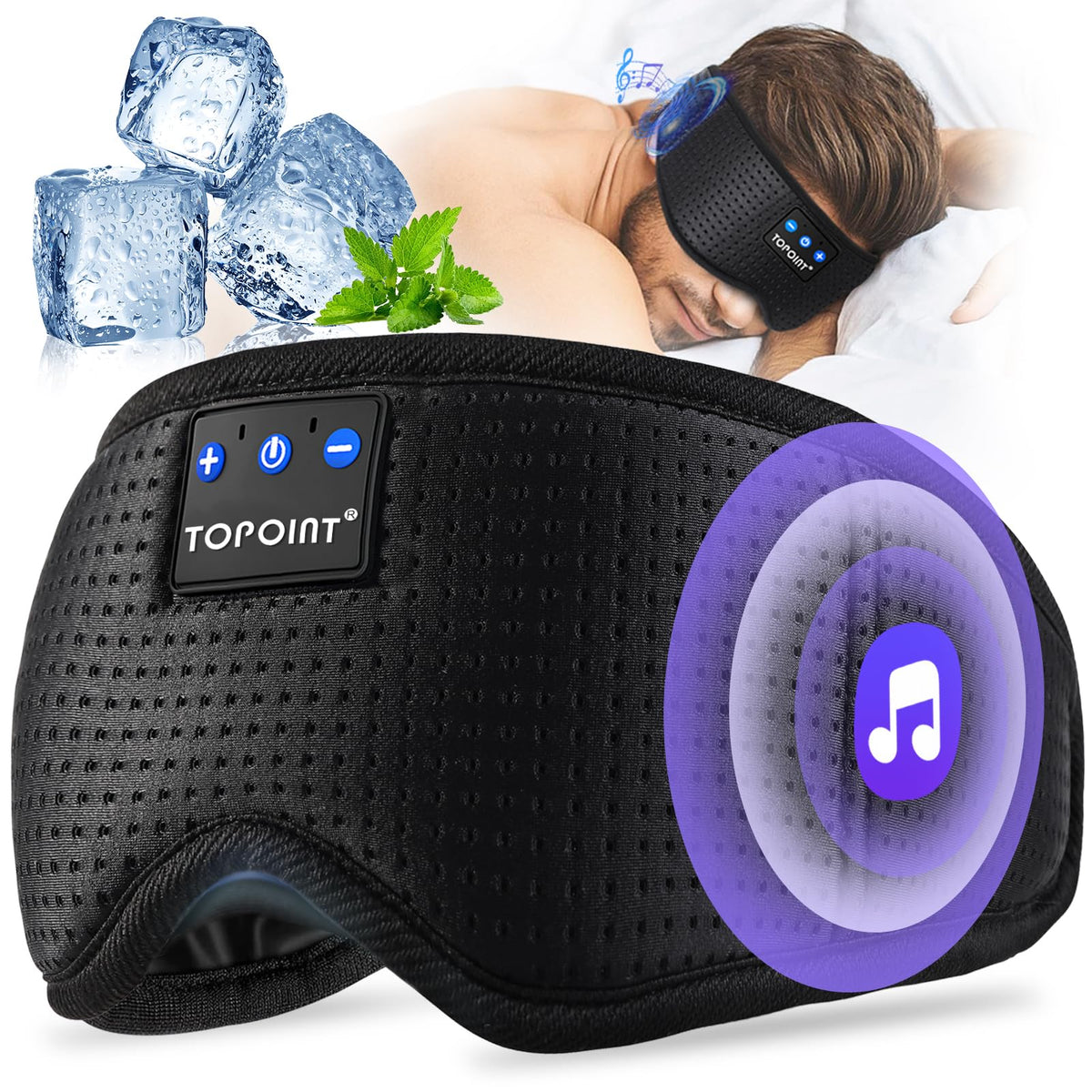 TOPOINT máscara de sueño con auriculares integrados, vista frontal, bloqueo de luz total