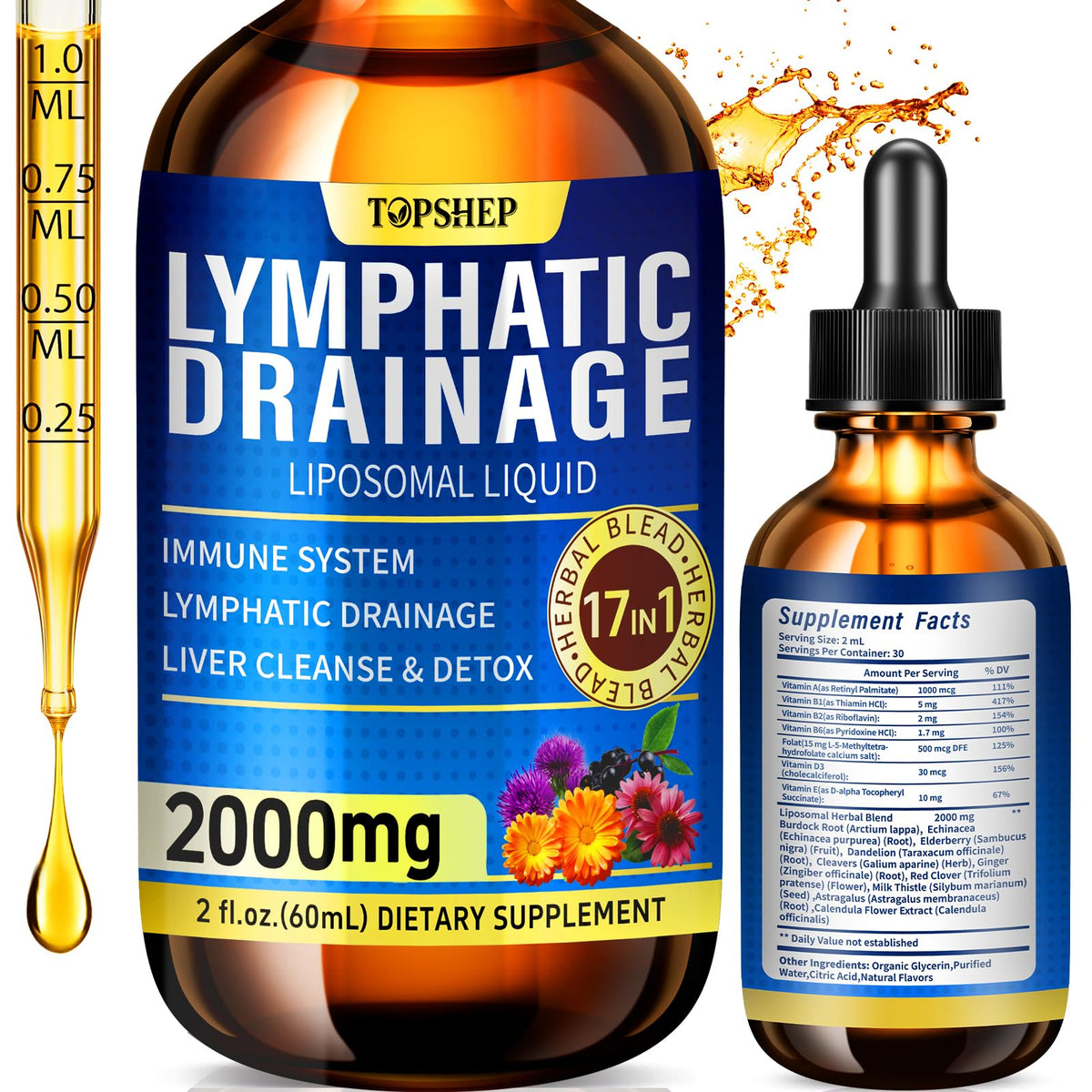 TOPSHEP gotas liposomales drenaje linfático, botella para uso diario y detox suave