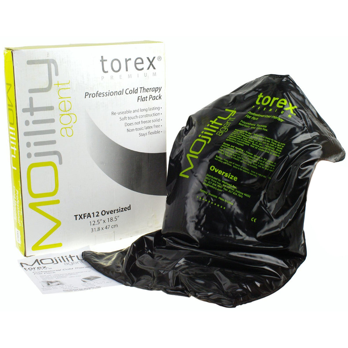 Torex compresa fría extra grande negra, vista frontal; ideal para enfriar áreas grandes.