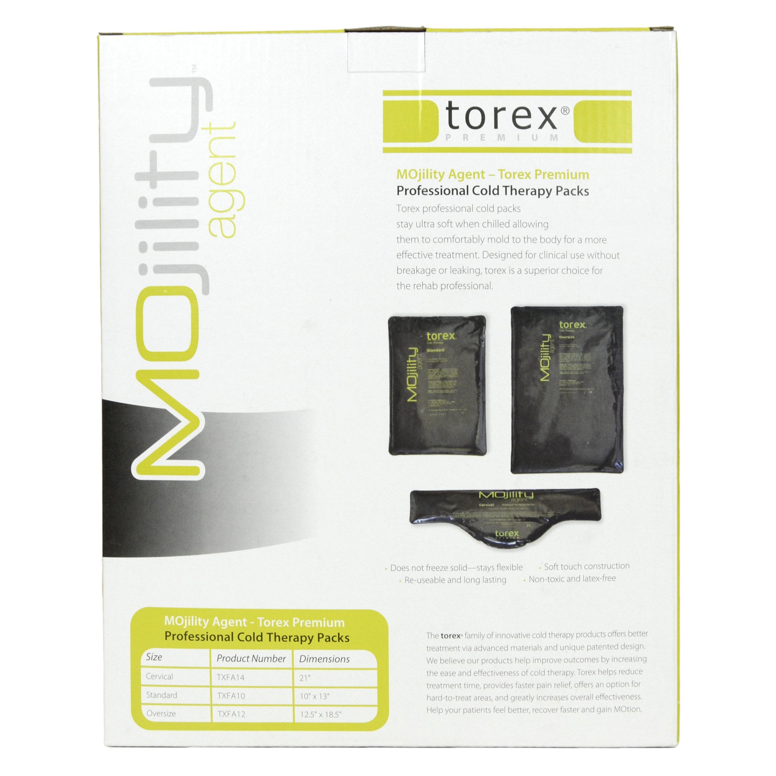 Torex compresa fría extra grande negra; detalle de materiales de grado médico para seguridad.