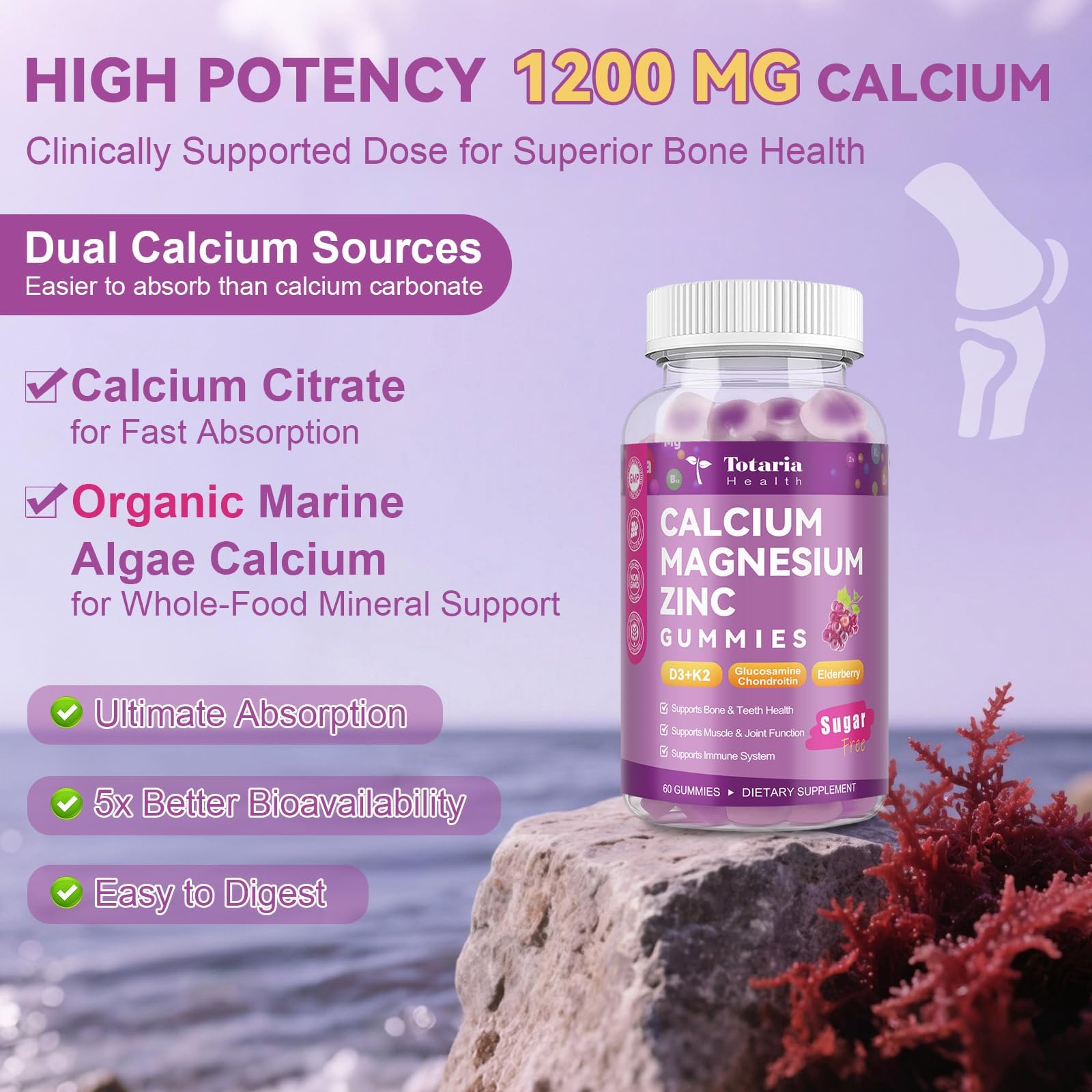 Totaria calcio d3 k2 con aceite de coco para absorción óptima.