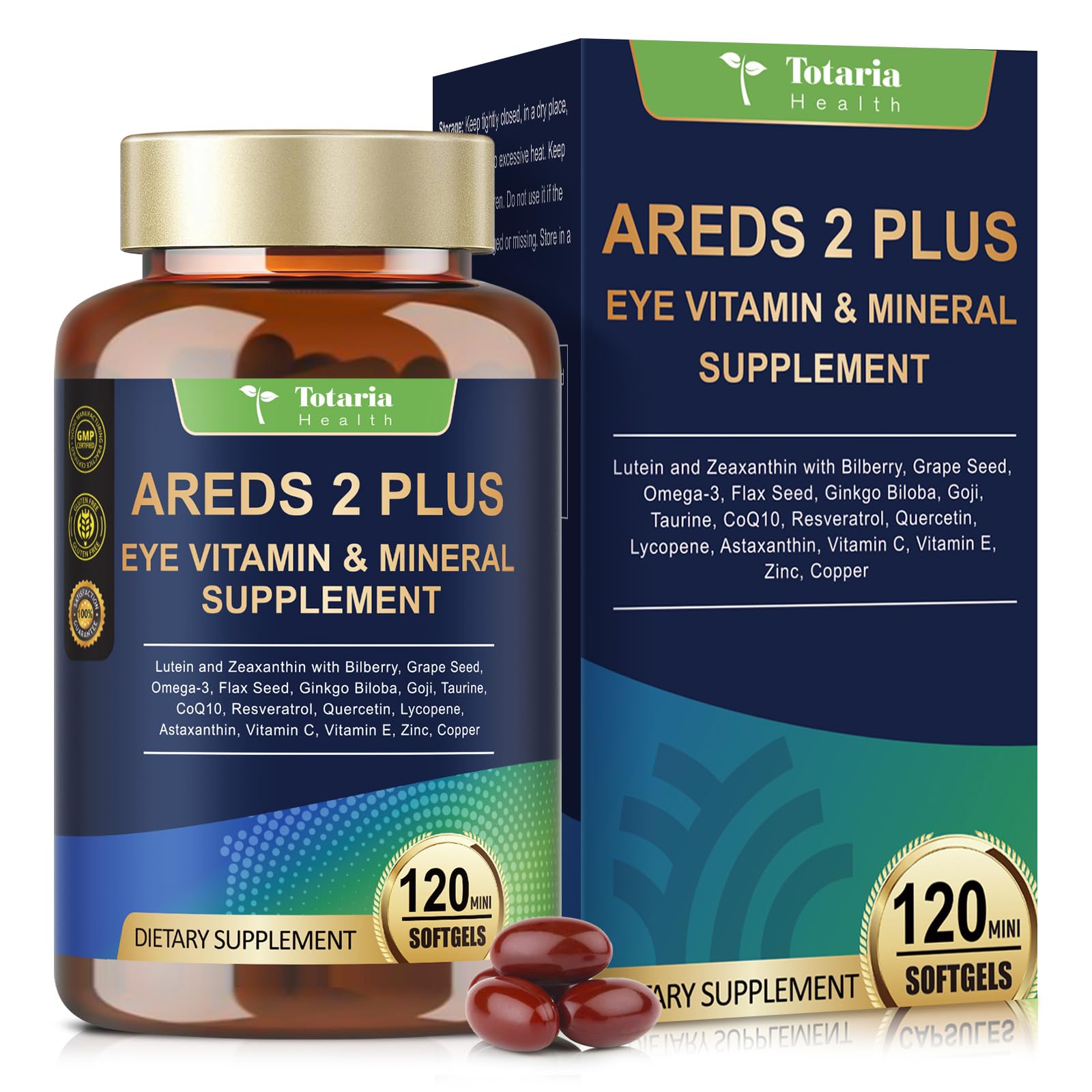 Totaria frasco de cápsulas AREDS2 de 120 unidades para salud macular.