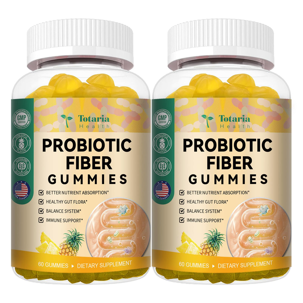 Totaria gomitas probioticas fibra piña, botella visible para apoyo digestivo diario.