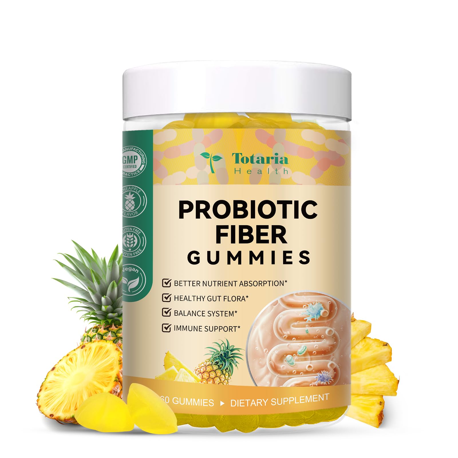 Totaria gomitas fibra probiótica piña en embalaje, snack práctico.