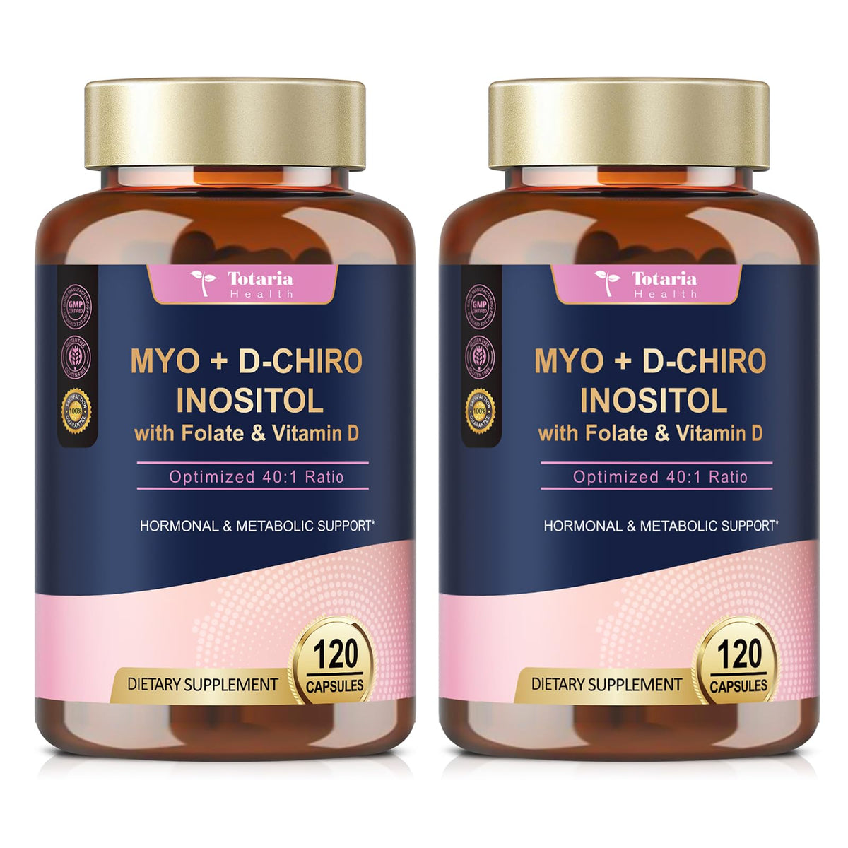 Totaria Inositol cápsulas en frasco con relación 40:1 para equilibrio diario.