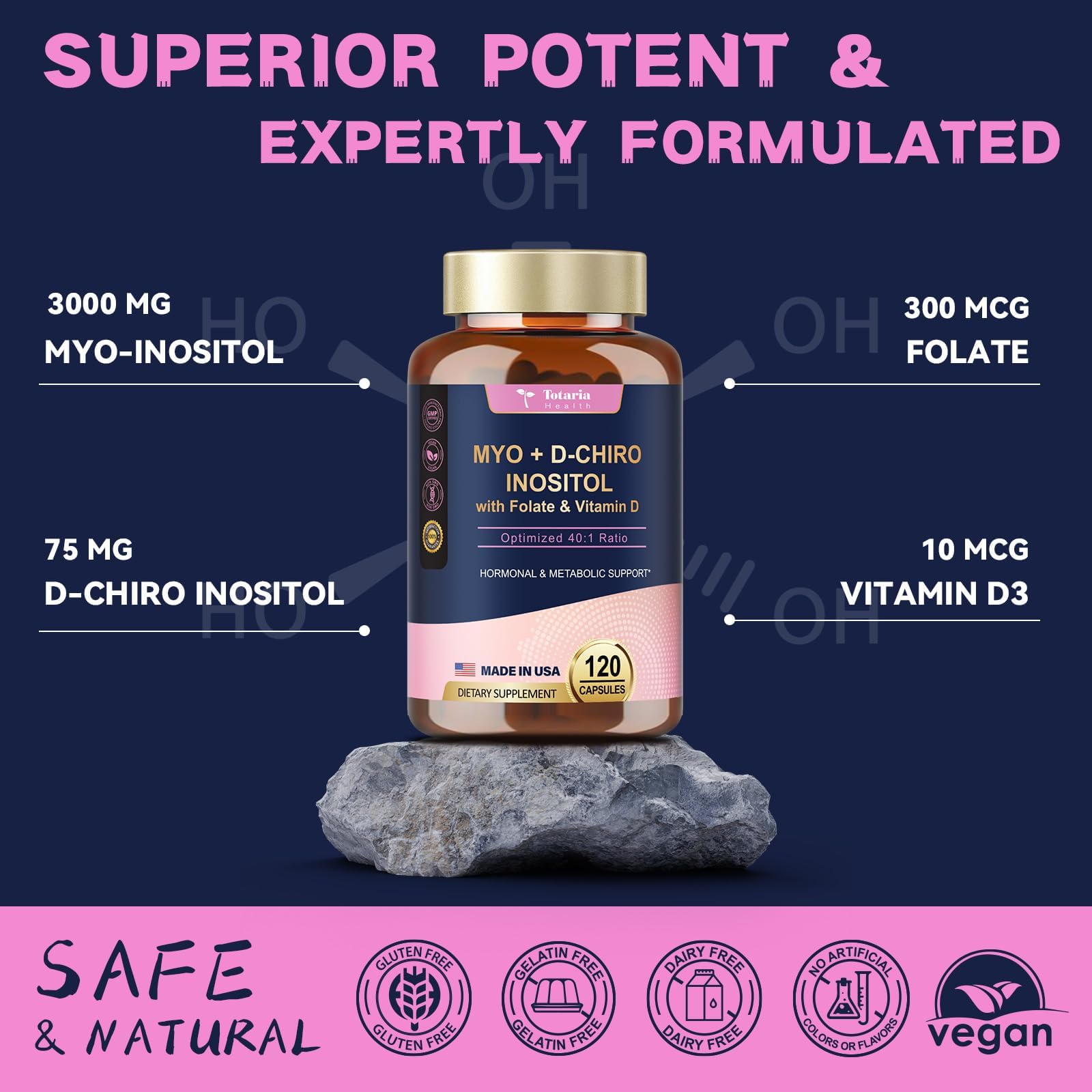 Totaria Inositol paquete de dos frascos para uso sostenido.