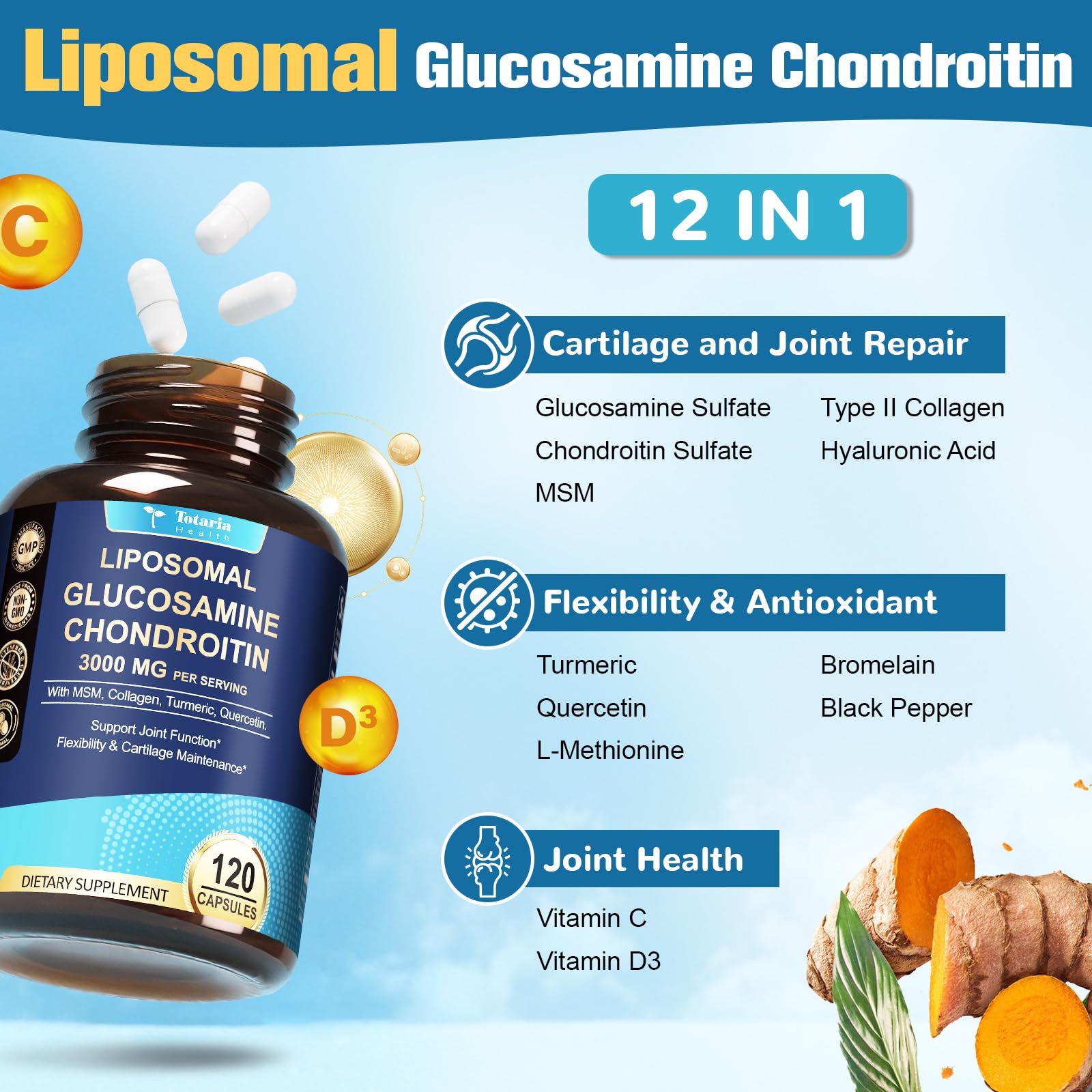 Totaria Liposomal Glucosamina Condroitina MSM cápsulas: formato fácil de ingerir