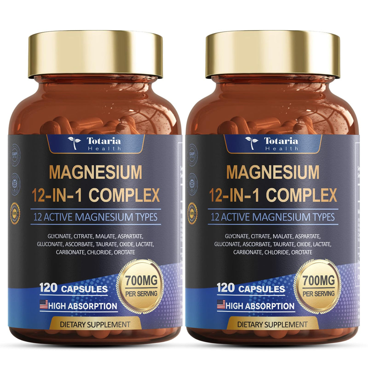Totaria Magnesio Complex: botella de cápsulas para uso diario y soporte muscular.