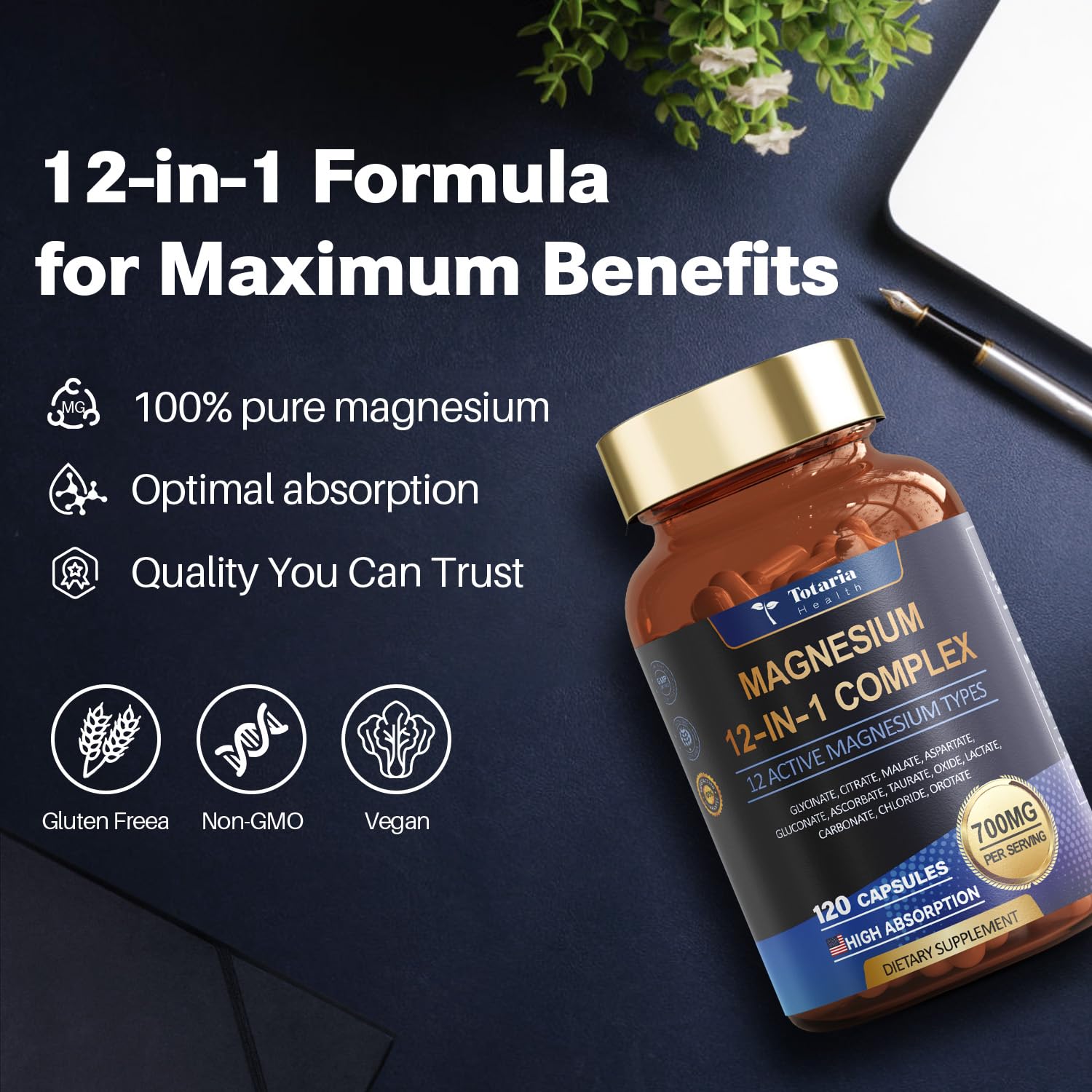 Totaria Magnesio Complex: iconos veganos y sin gluten en la etiqueta.