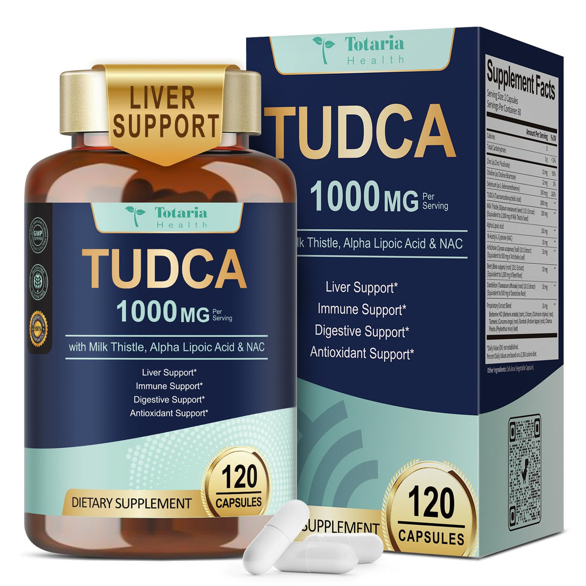 Totaria TUDCA 1000mg: cápsulas en bote para soporte hepático diario.