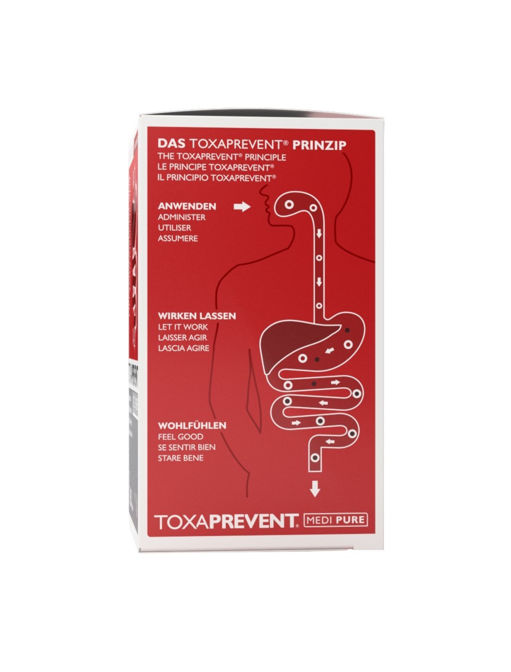 Toxaprevent MEDI PURE cápsulas en mano, muestra de dosis diaria para apoyo digestivo