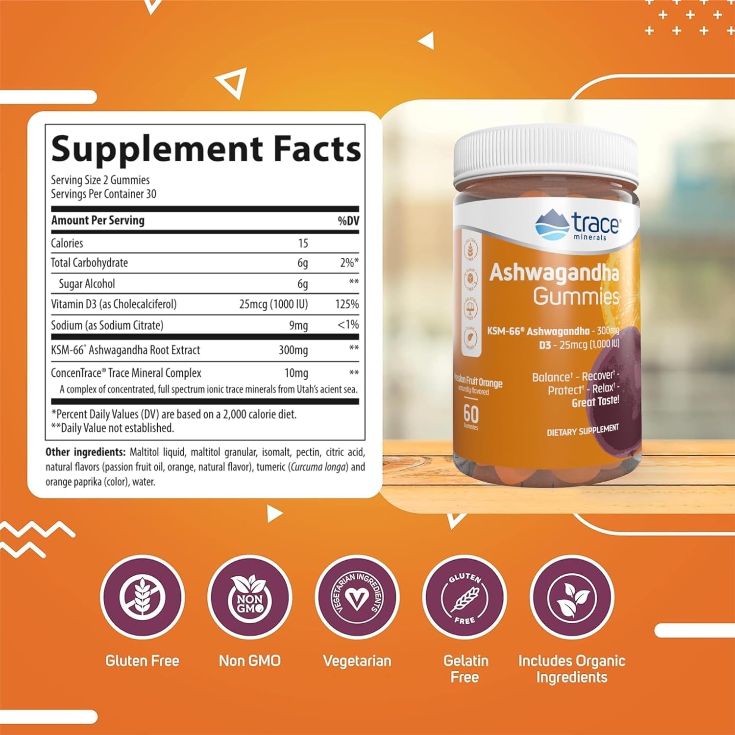 Trace Minerals Ashwagandha gomitas bote frente: snack sabroso para relajación rápida