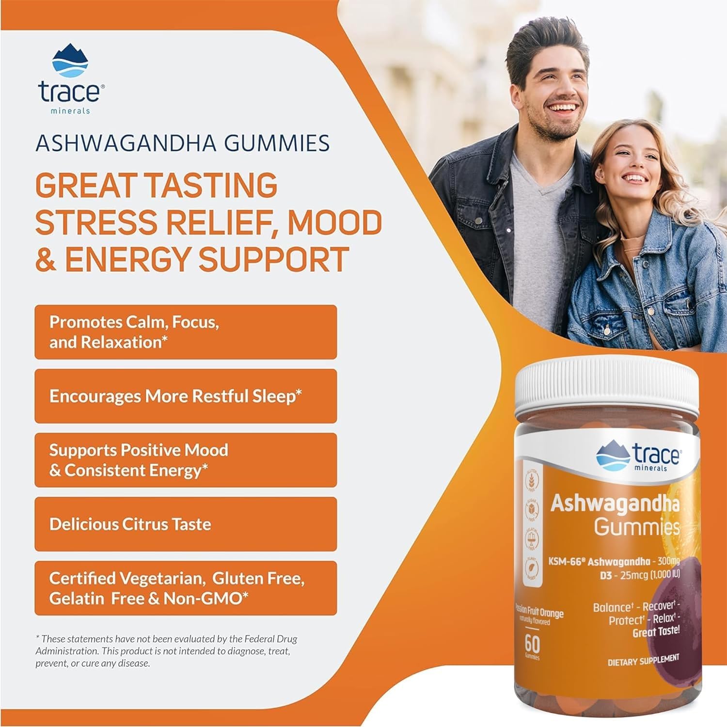 Trace Minerals Ashwagandha gomitas sabor pasión fruta naranja: gusto agradable para momentos de descanso