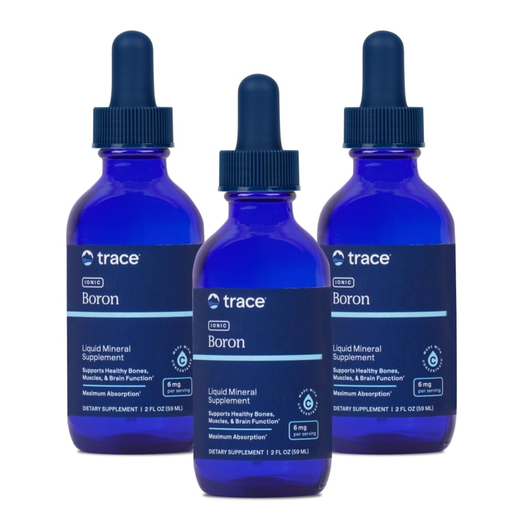 Trace Minerals Boro Iónico en primer plano de botella, posible apoyo a la salud ósea.
