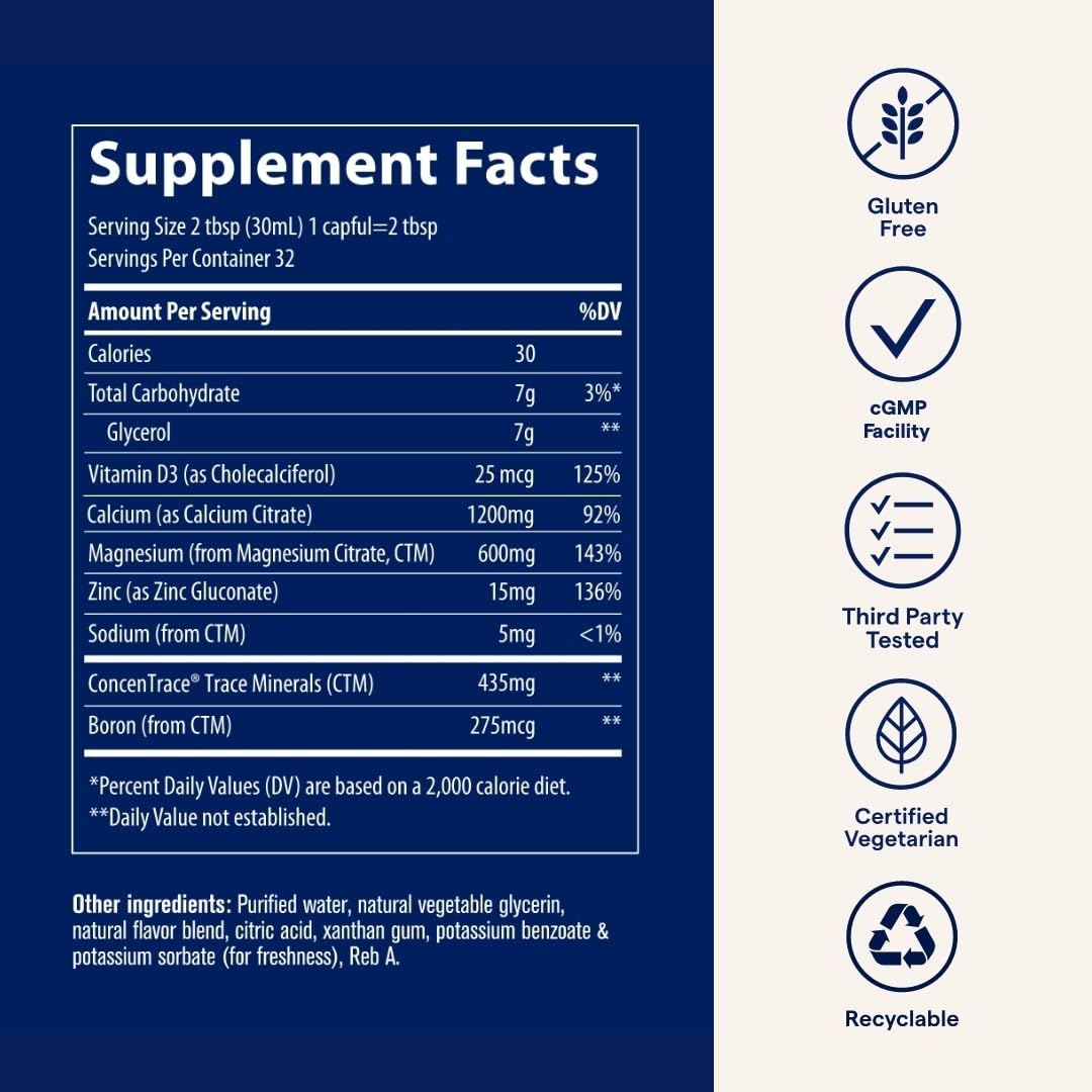 Trace Minerals Cal/Mag/Zinc, vaso de líquido facilita consumo diario