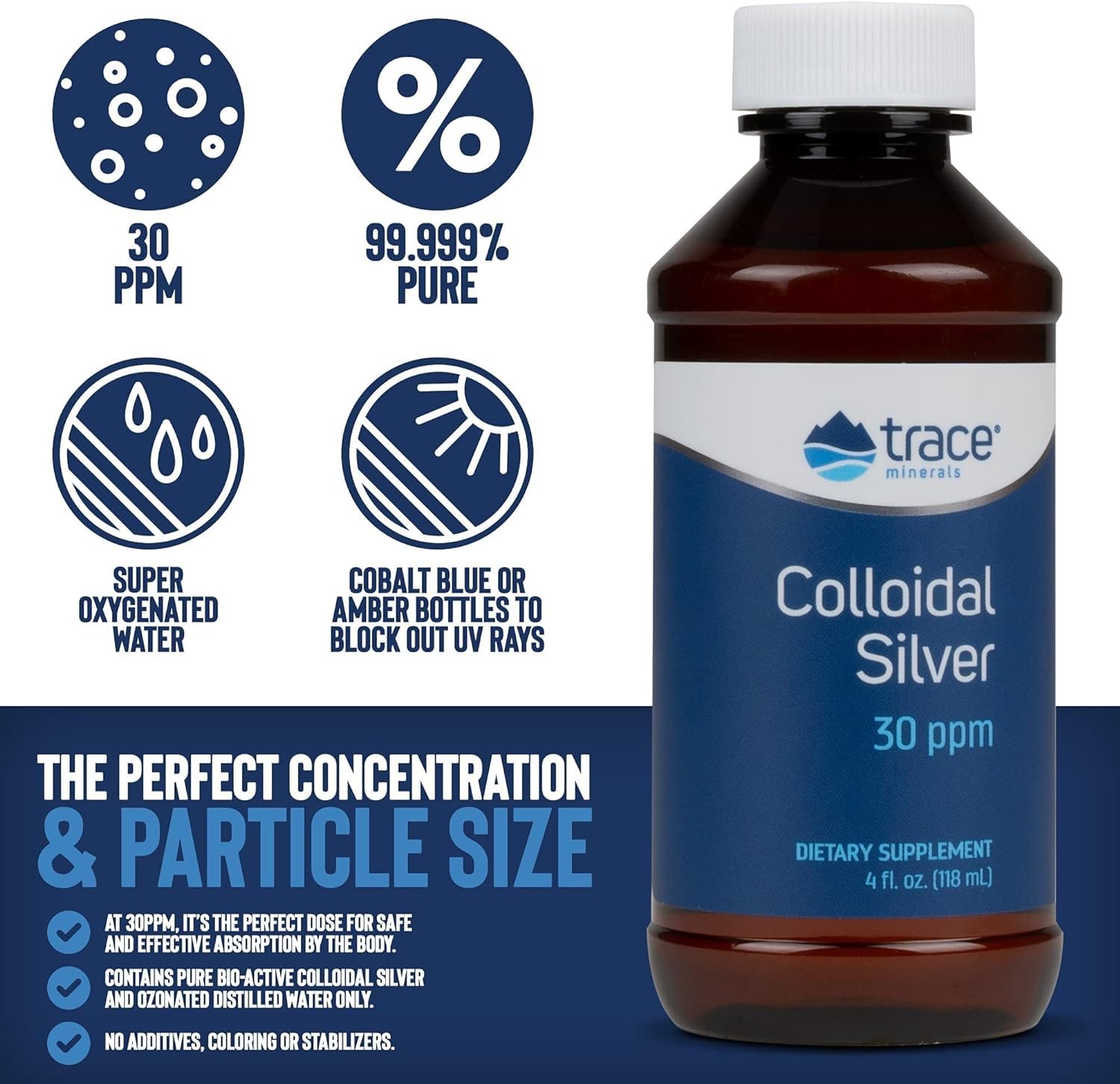 Trace Minerals Plata Coloidal apto para veganos, libre de gluten y versátil para rituales diarios.