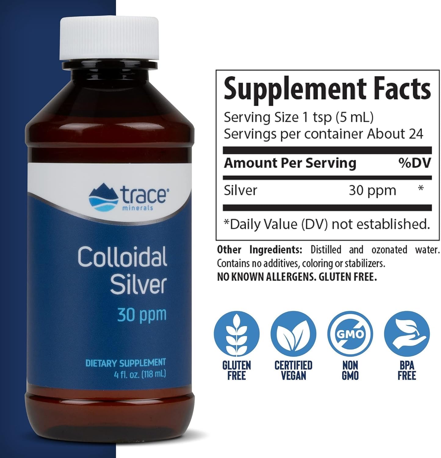 Trace Minerals Plata Coloidal en gotas, ideal para dosis diarias y consumo sencillo.