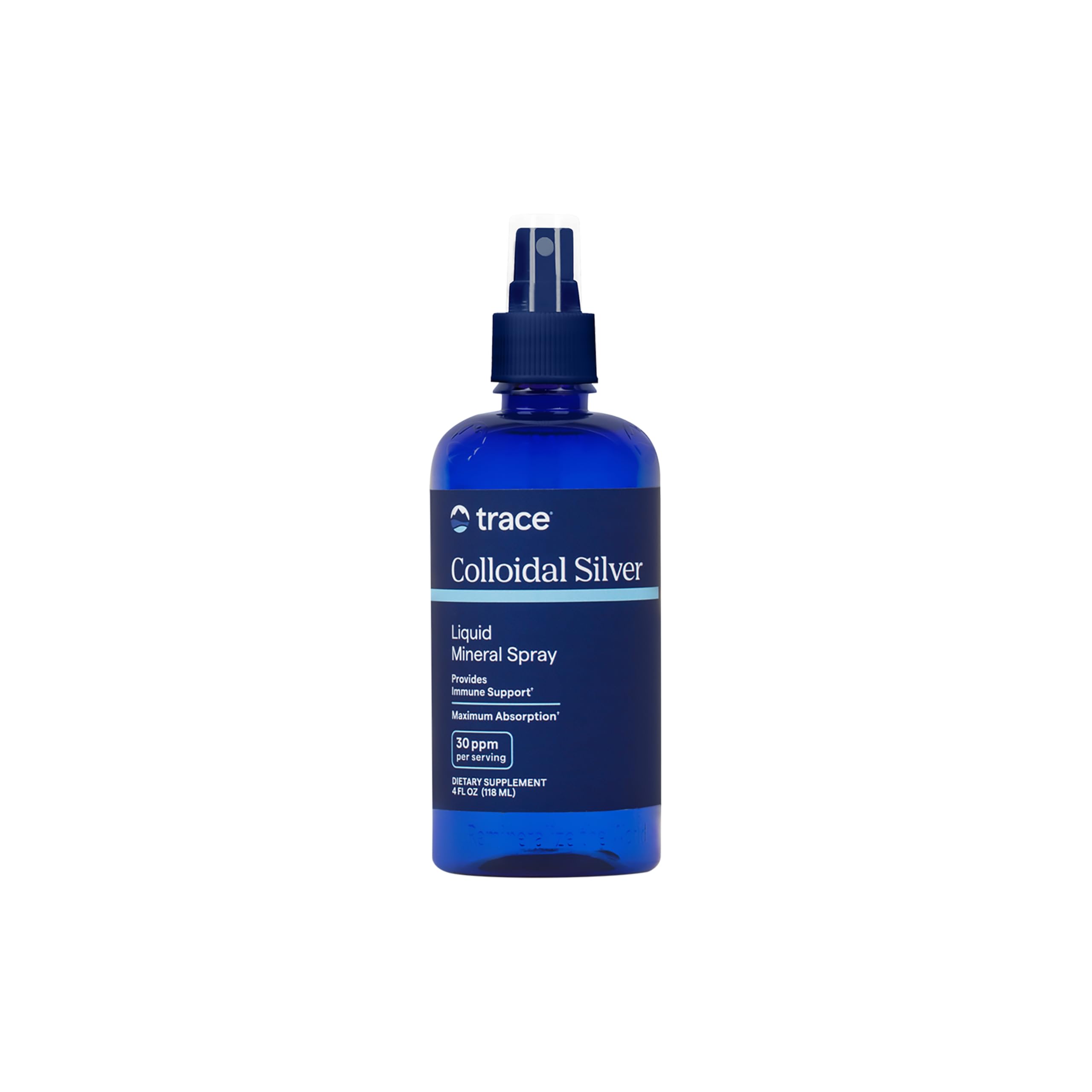 Trace Minerals Colloidal Silver Spray, botella en primer plano para uso diario.