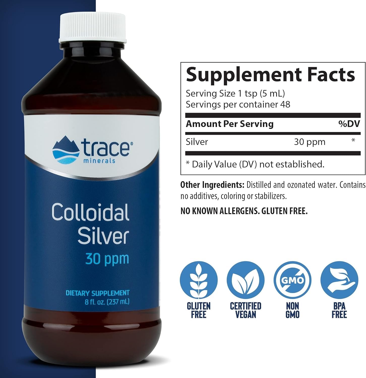 Trace Minerals Coloidal Plata – botella uso diario para bienestar diario.