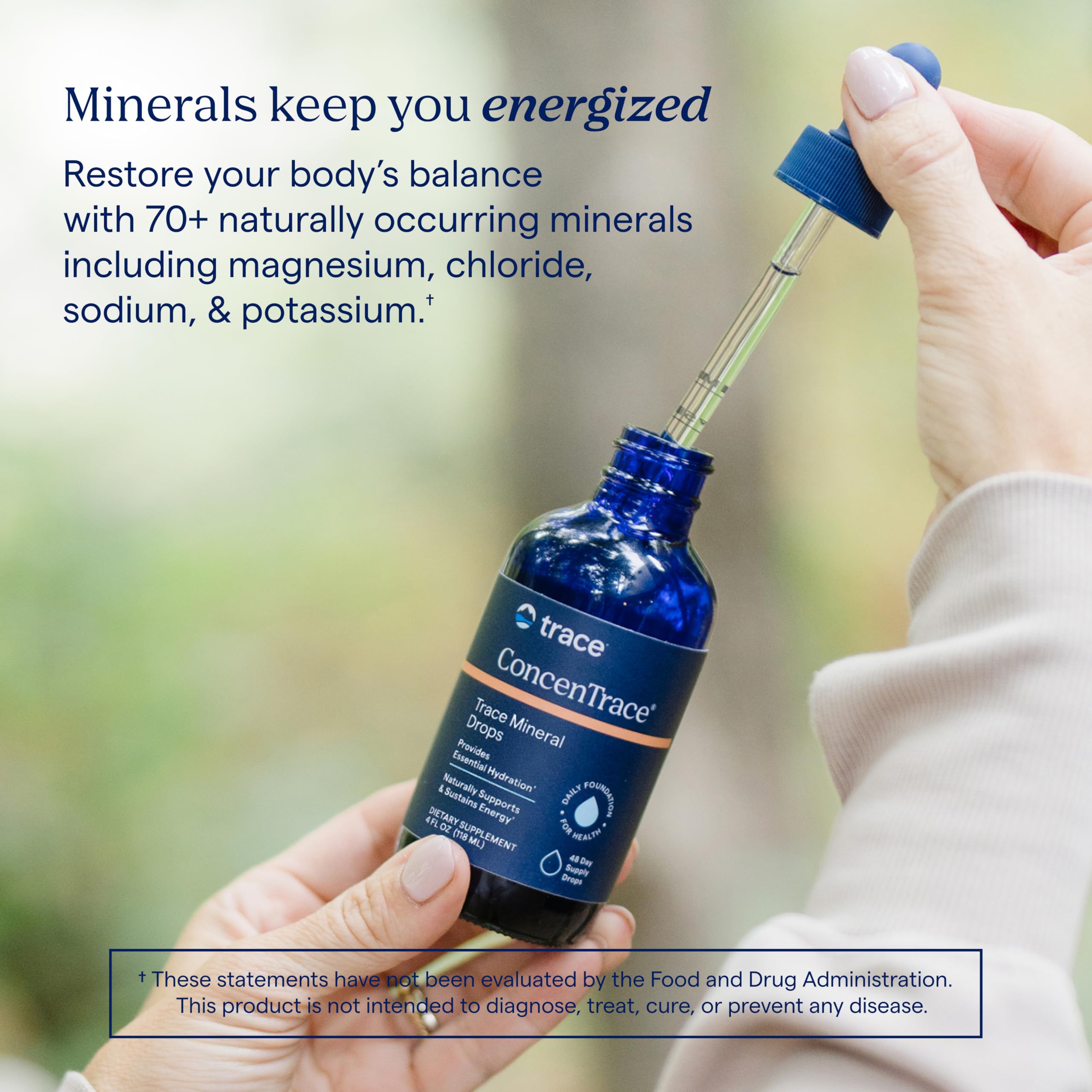 Trace Minerals ConcenTrace disponible en gotas, polvo, tabletas y cápsulas.