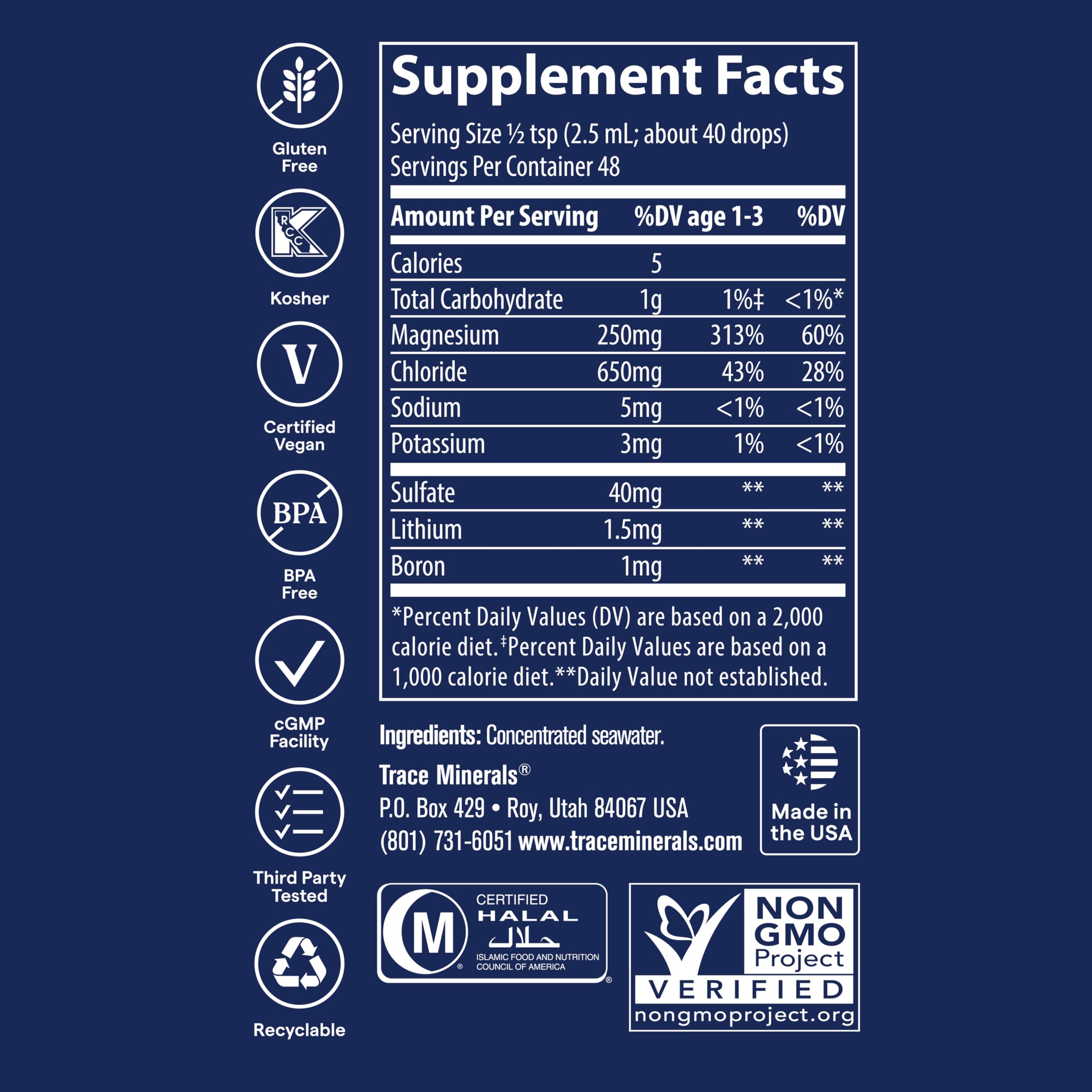 Trace Minerals ConcenTrace proveniente de fuente estadounidense y sostenible.