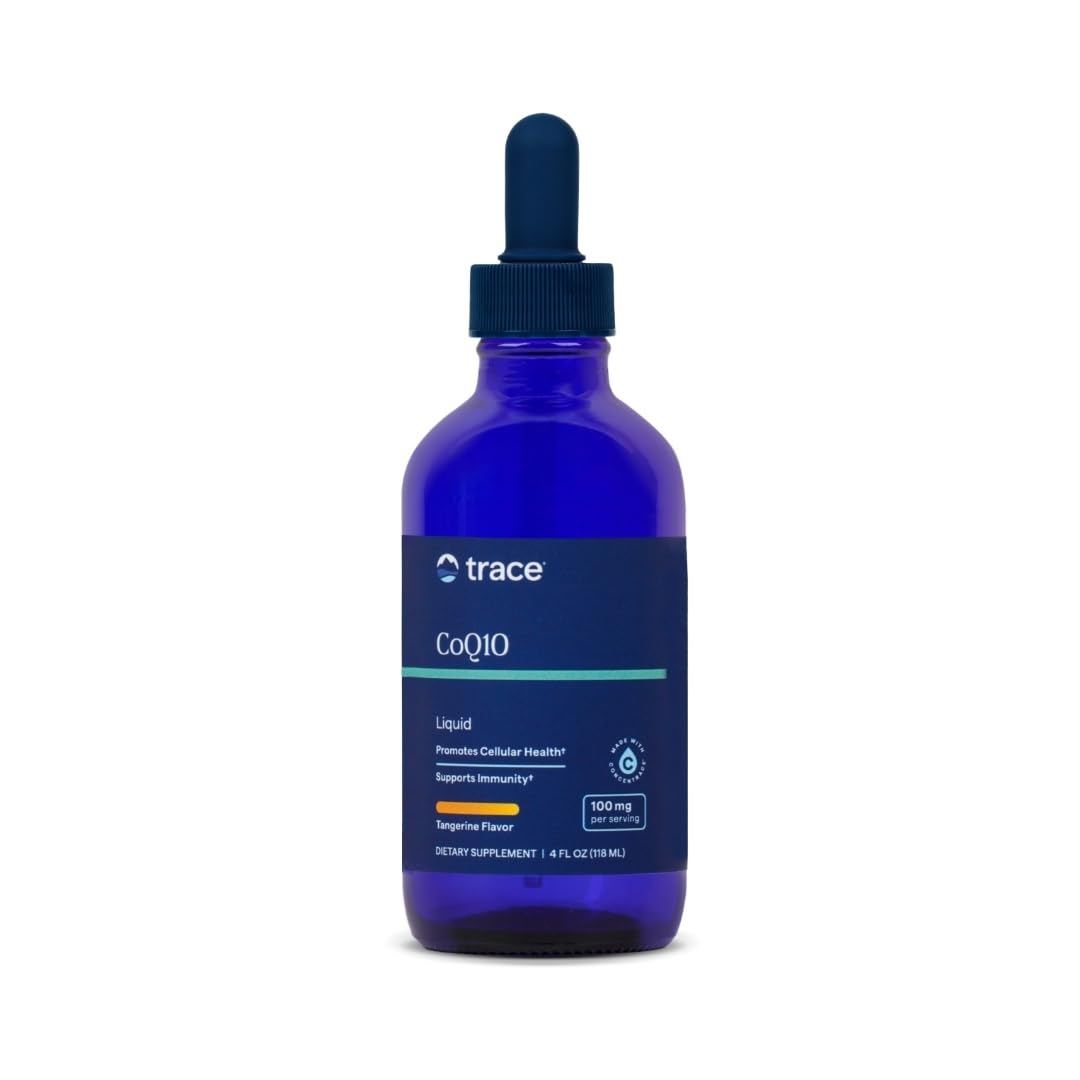 Trace Minerals CoQ10 en botella líquida sabor tangerina para vitalidad diaria.
