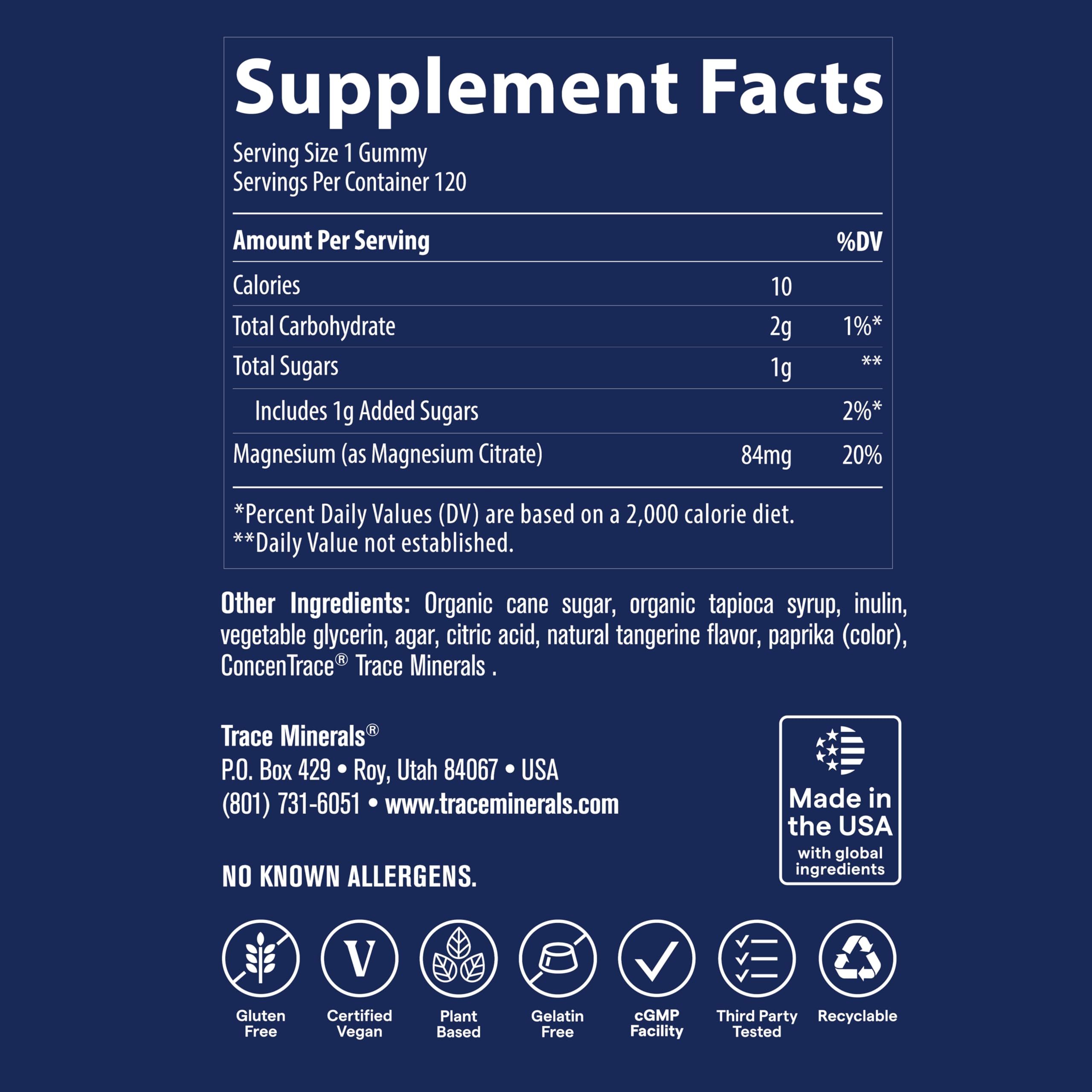 Trace Minerals etiqueta de gomitas magnesio, uso diario para digestión suave