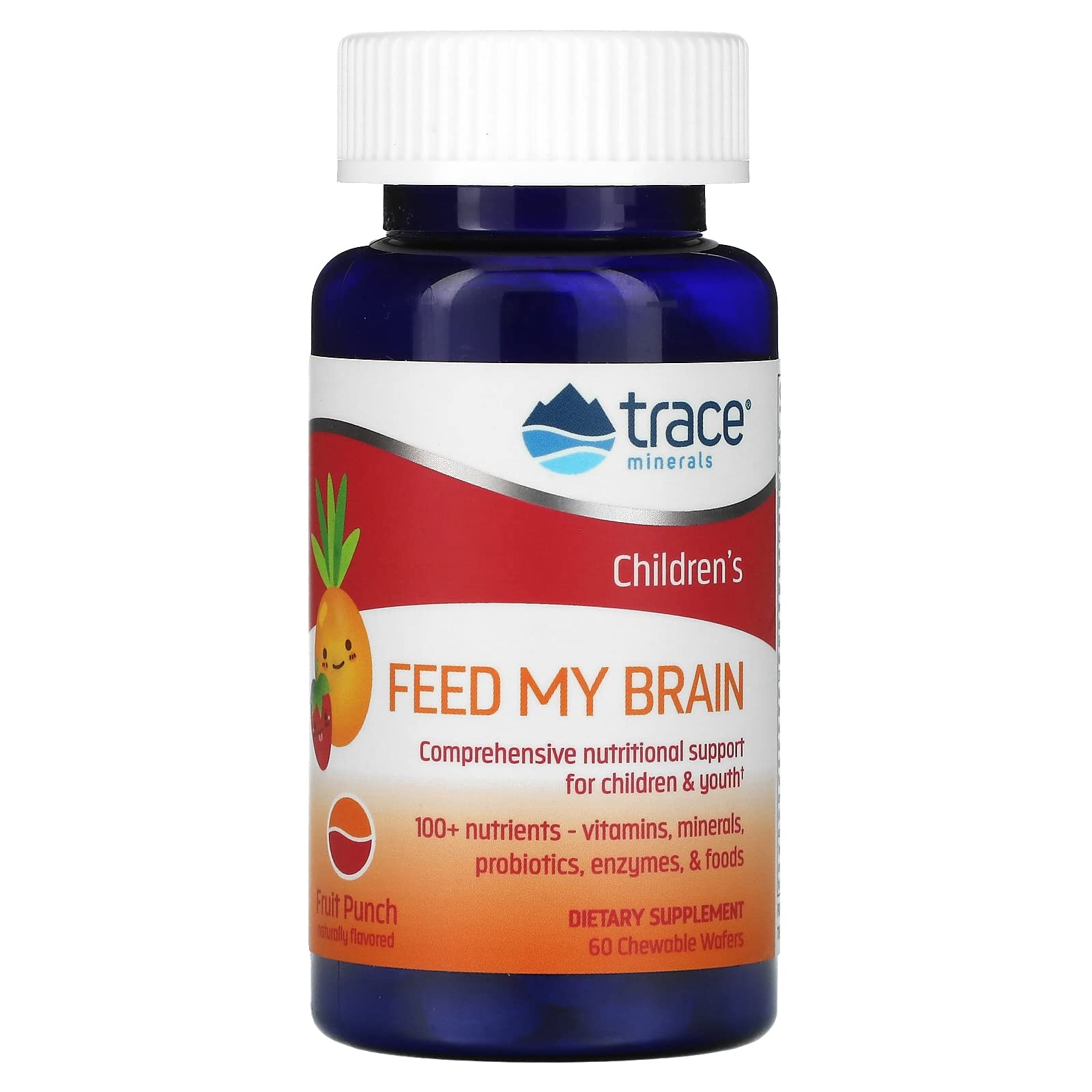 Frasco de Trace Minerals Feed My Brain con sabor Fruta Punch listo para apoyar la concentración.