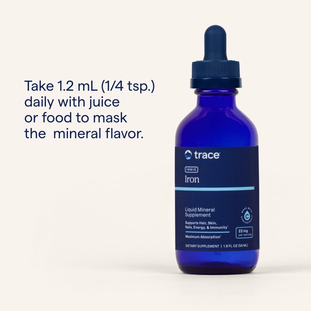 Trace Minerals Hierro Ionico 22 mg mezclar con jugo para mejor absorción.