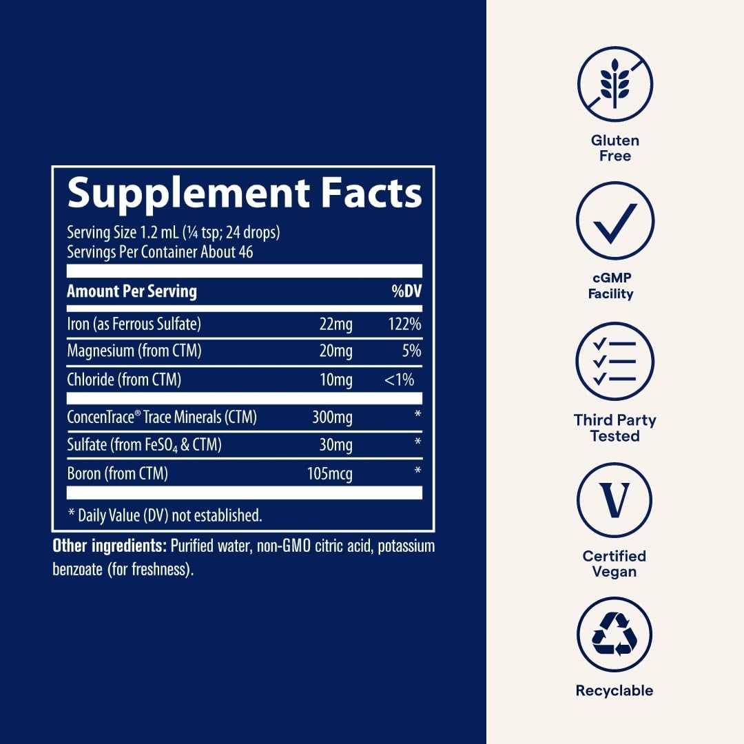 Trace Minerals Hierro Ionico 22 mg vaso con agua listo para tomar.