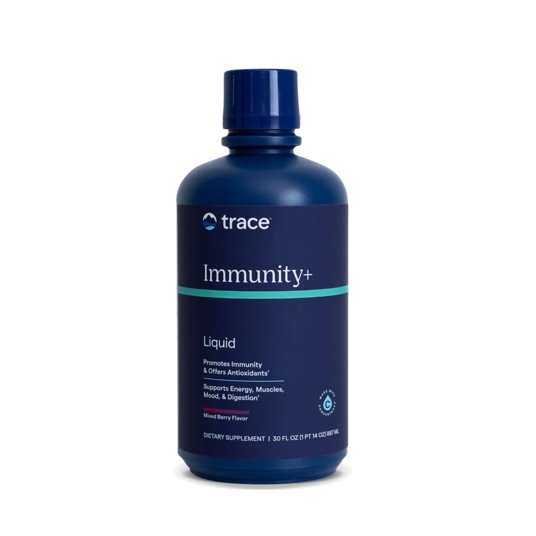 Trace Minerals Immunity+ frasco con dosis, ideal para la suplementación diaria.