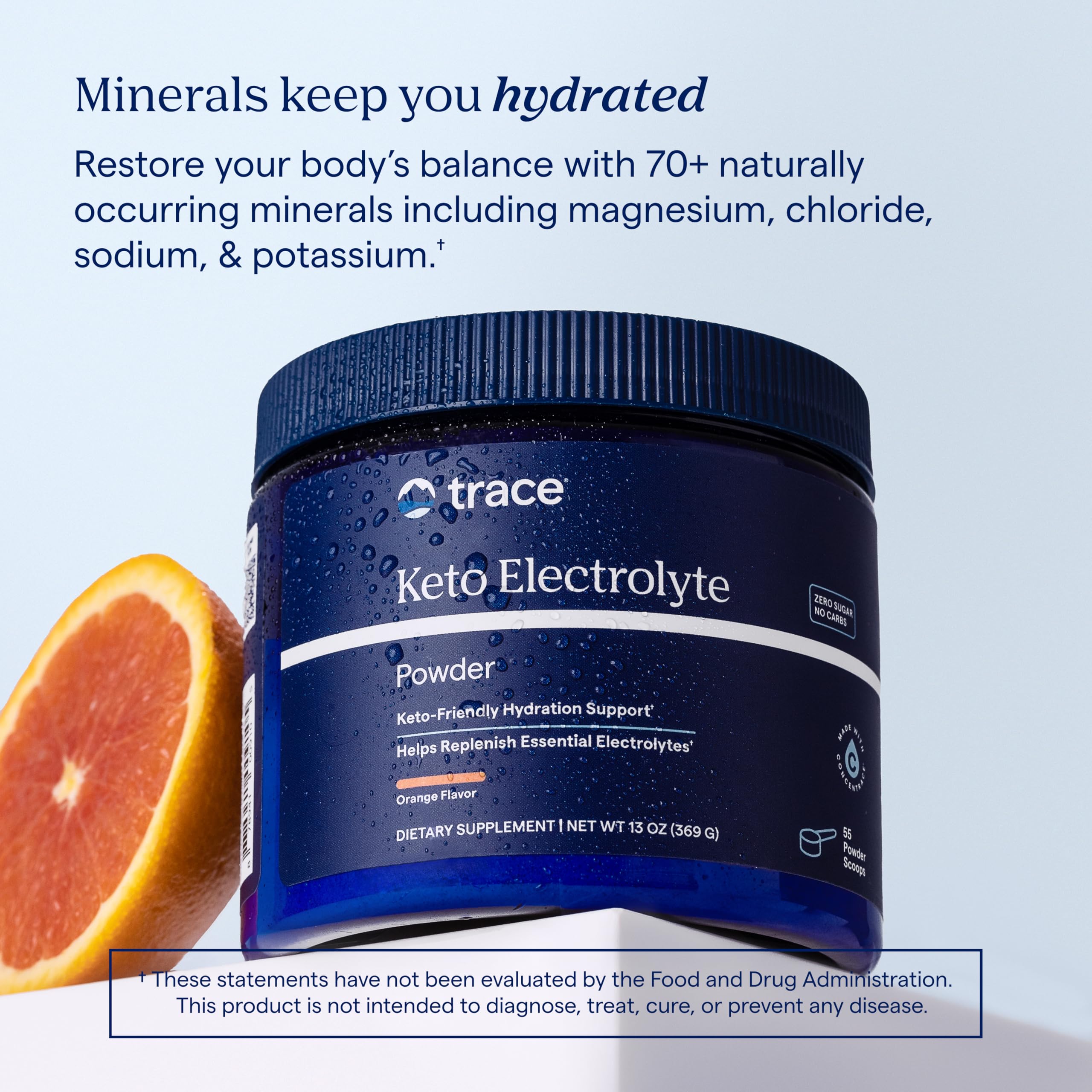 Trace Minerals Keto Electrolyte, polvo naranja listo para mezclar antes del ejercicio.