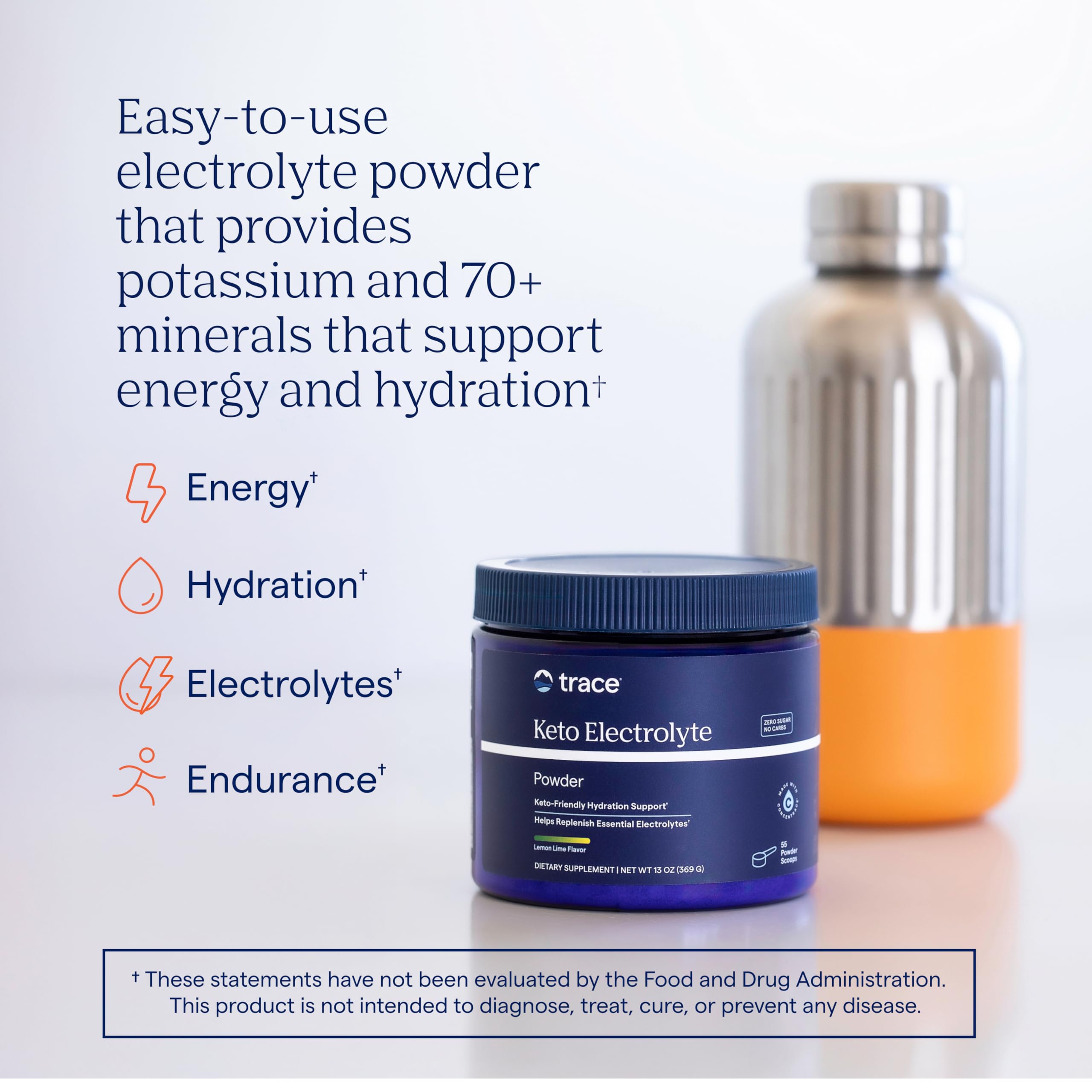 Trace Minerals Keto Electrolyte, sabor naranja, ideal para hidratación diaria.