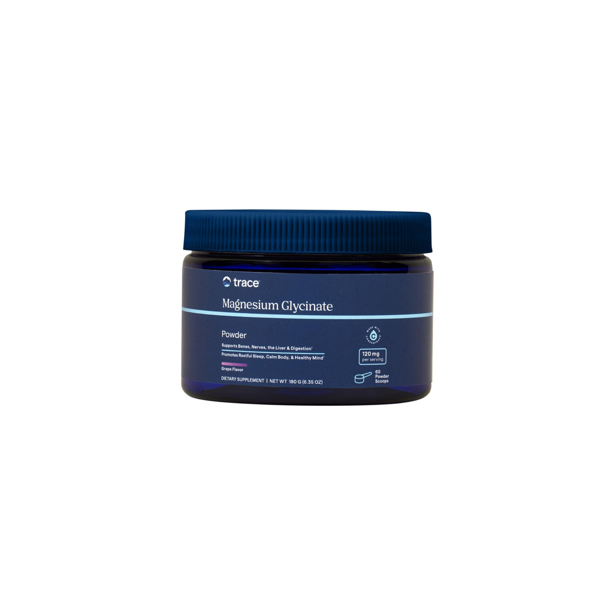 Envase de Trace Minerals Magnesio Glicinato de 180 g para uso diario y descanso suave.