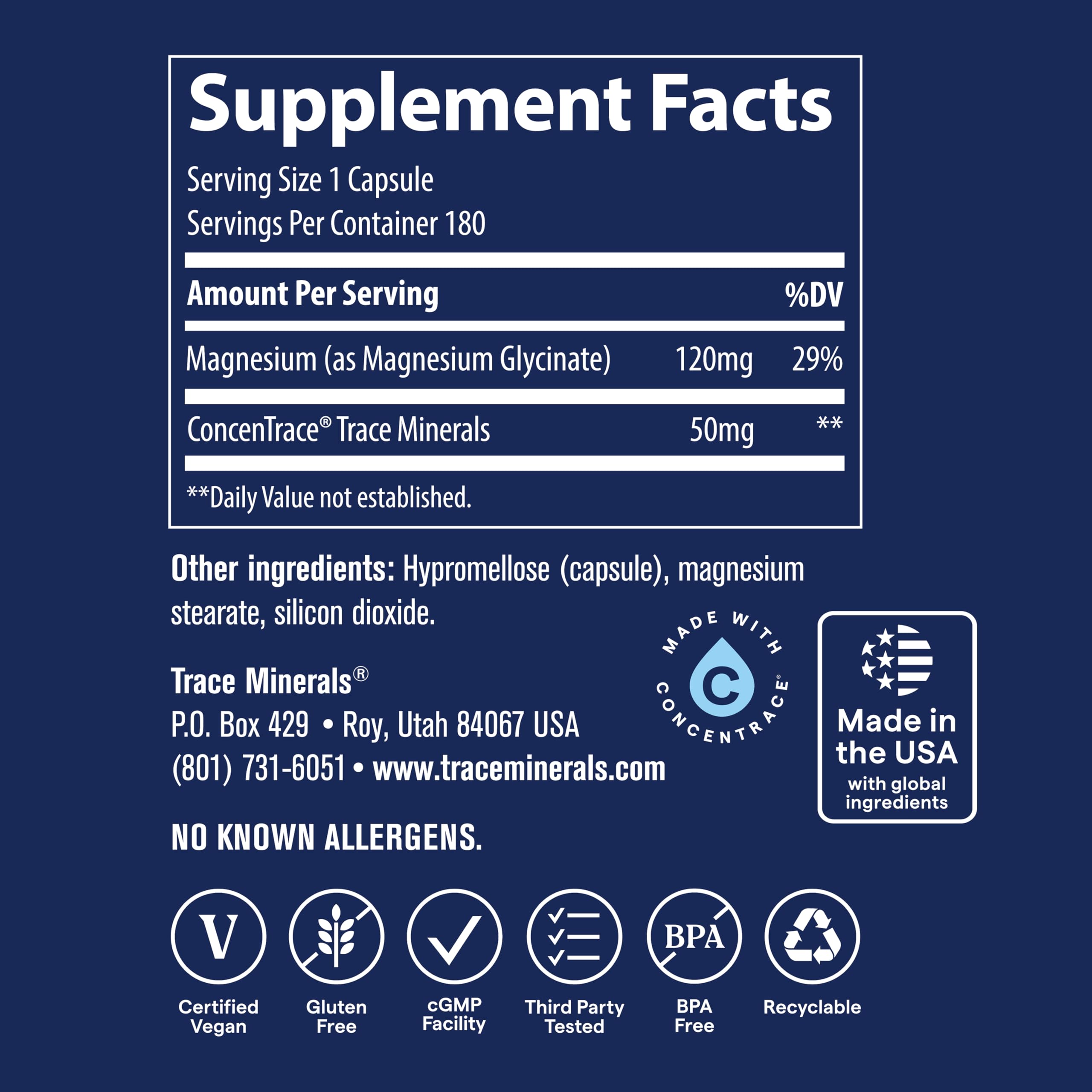 Trace Minerals Magnesium Glycinate, versión vegana para estilo de vida sin gluten.
