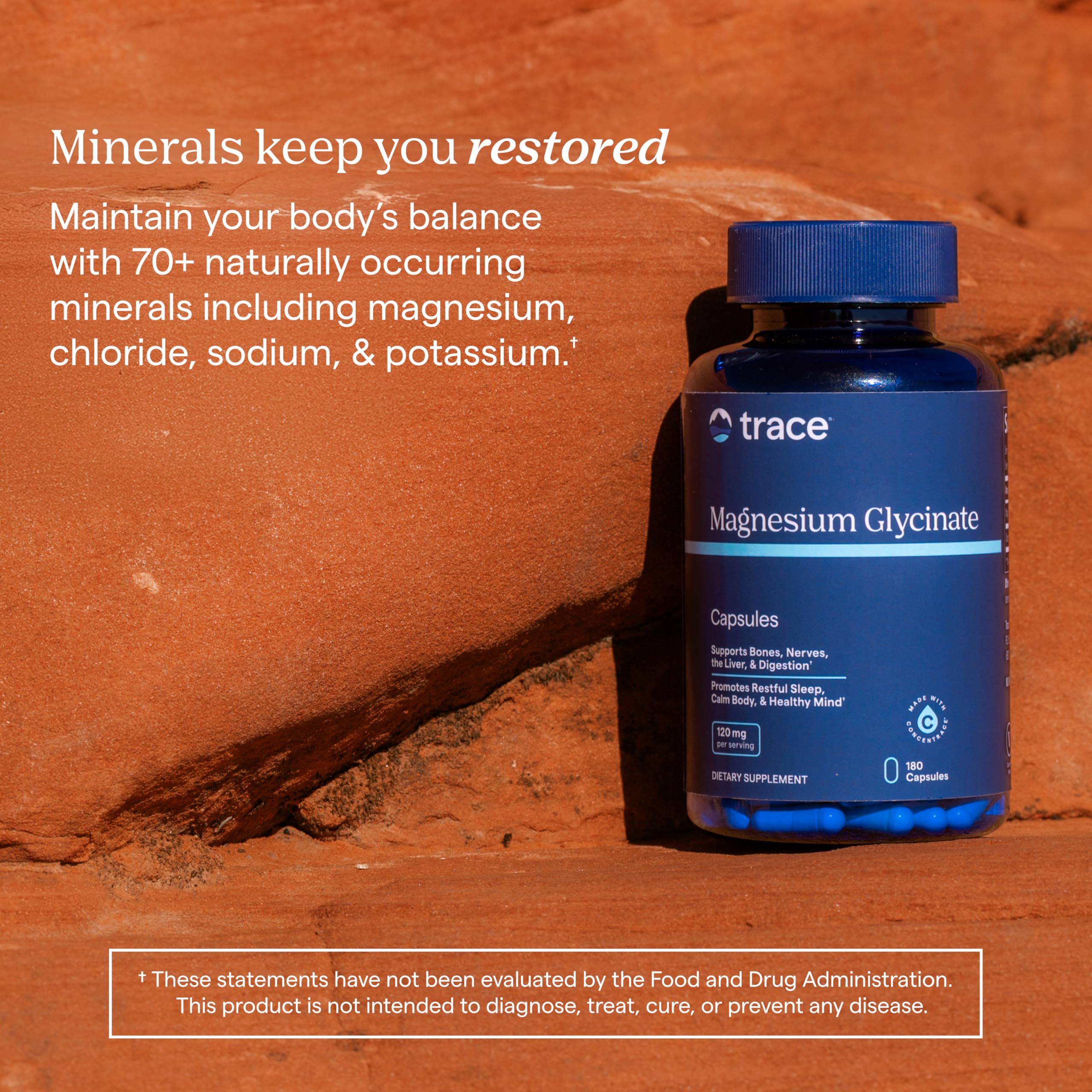 Trace Minerals Magnesium Glycinate, cápsulas veganas para apoyo diario de minerales.