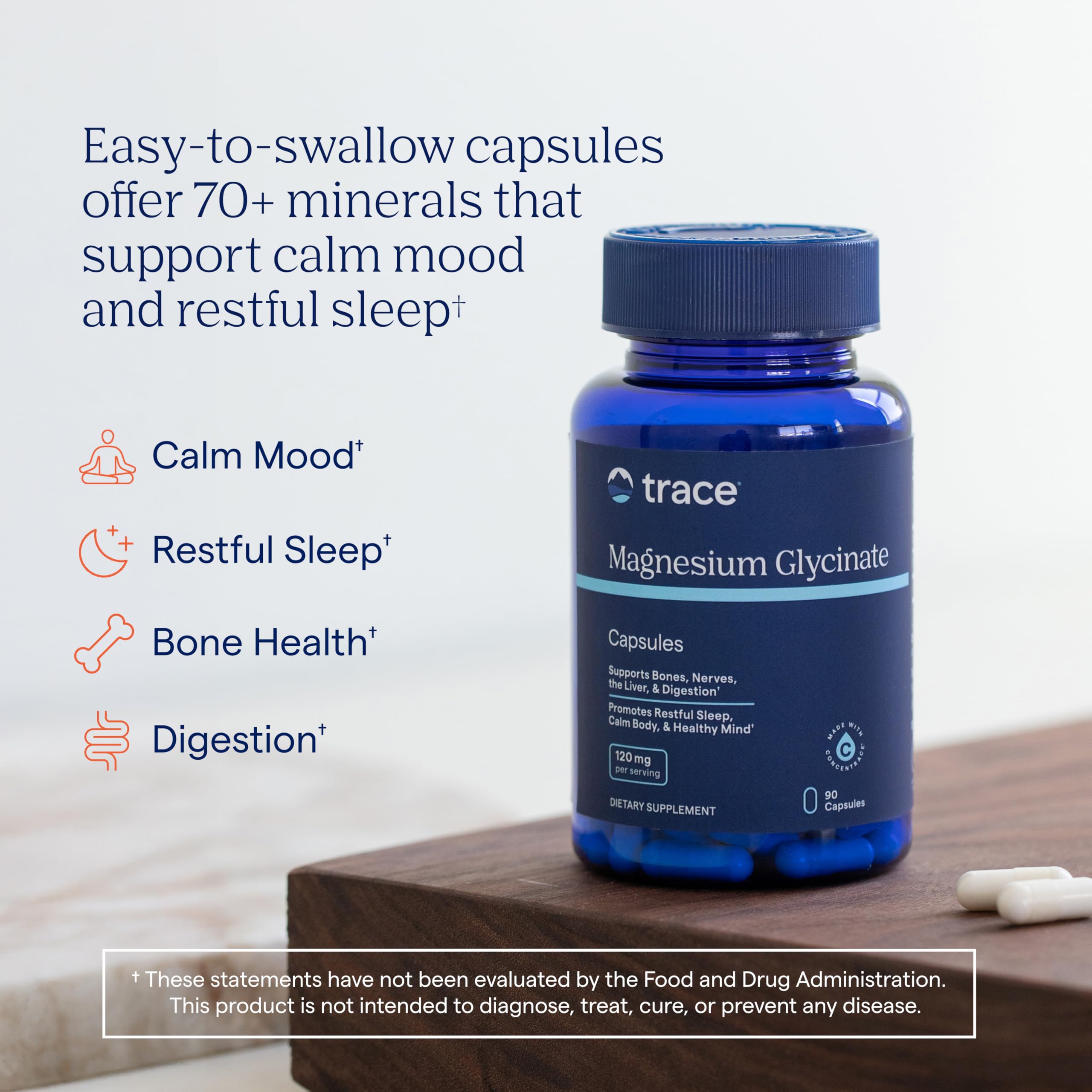 Trace Minerals Magnesio Glicinato, envase para sueño y relajación nocturna.