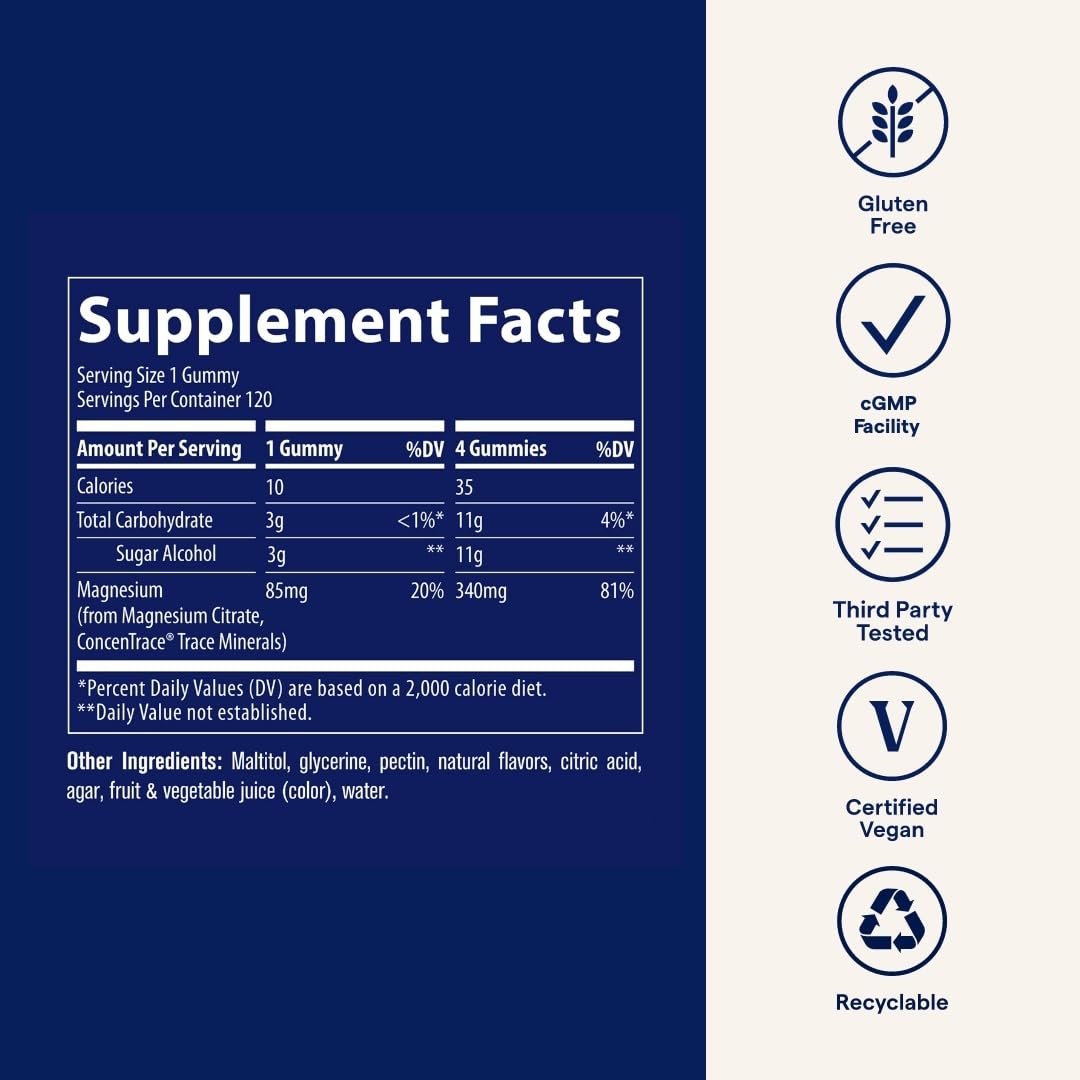 Trace Minerals Magnesium Gummies: sin azúcar, conveniente para estómagos sensibles.