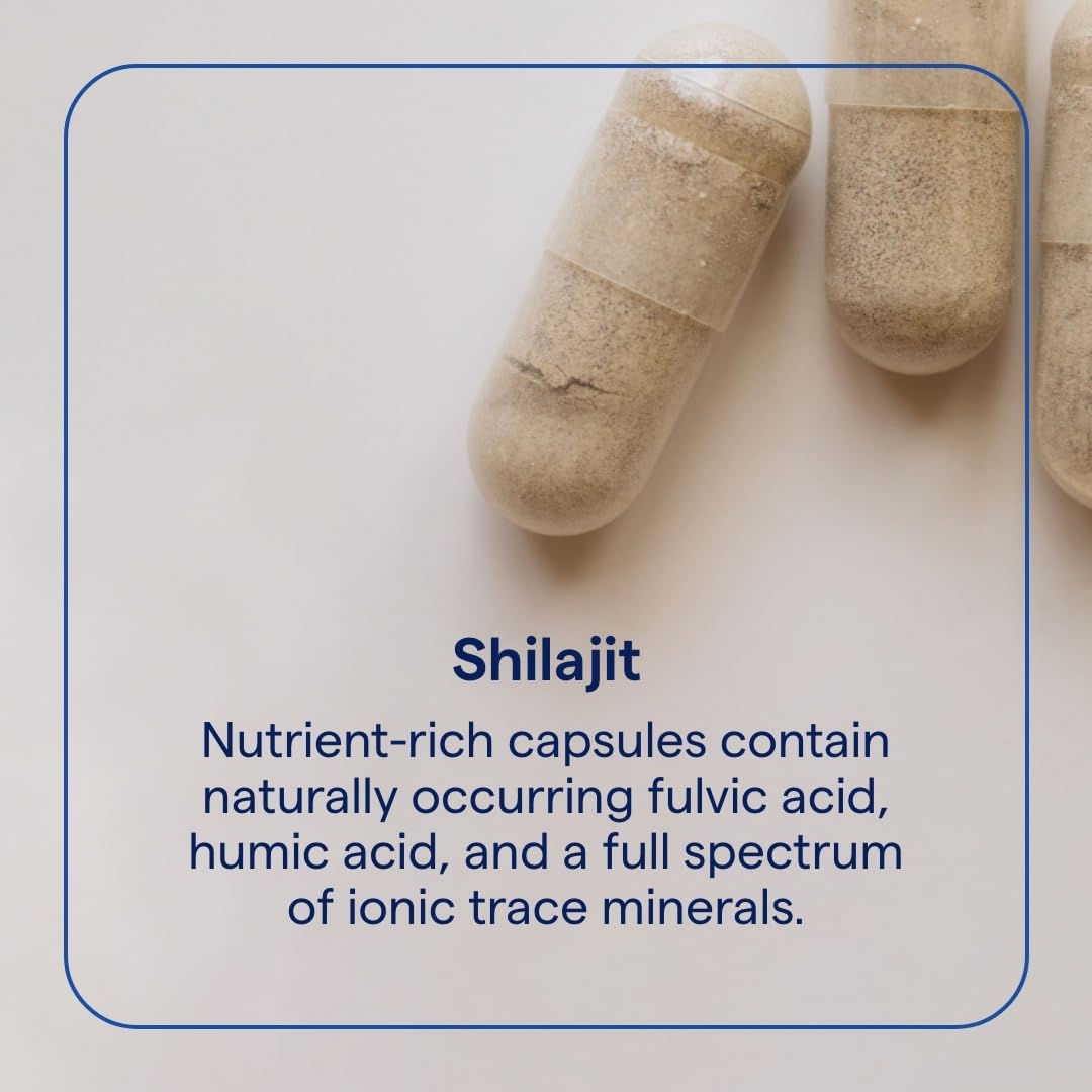 Trace Minerals Shilajit Capsules, cápsulas dentro de la caja, vitalidad para la jornada.