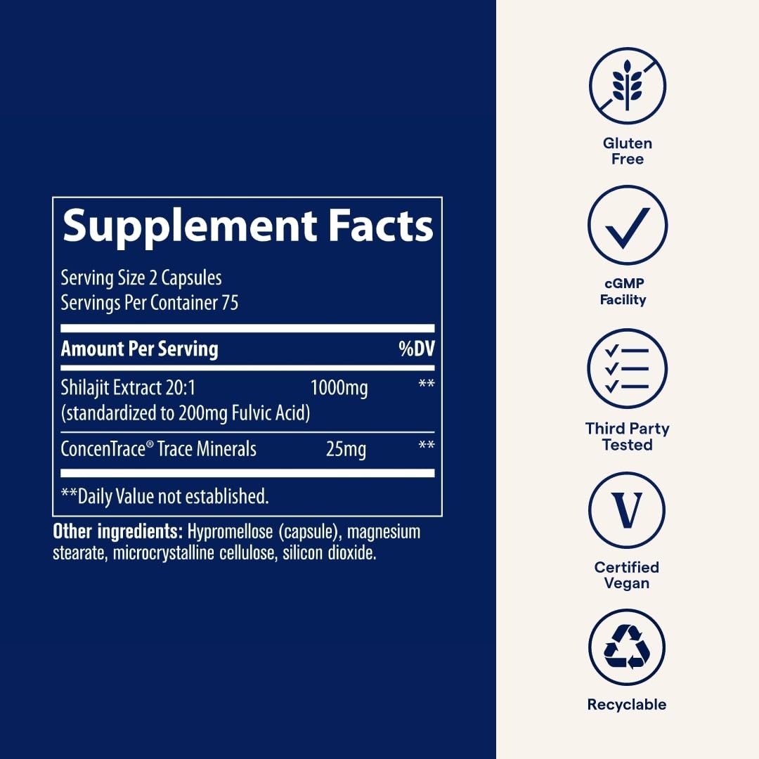 Trace Minerals Shilajit Capsules, presentación sostenible en USA, consumo responsable.
