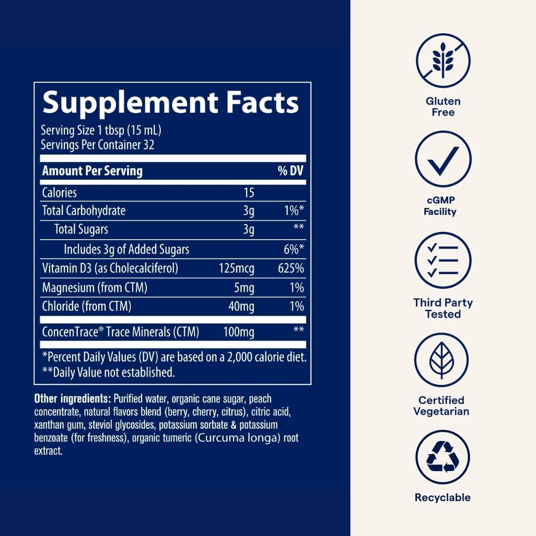 Trace Minerals Vitamina D3, origen en Estados Unidos, minerales remineralizantes obtenidos de fuente única.
